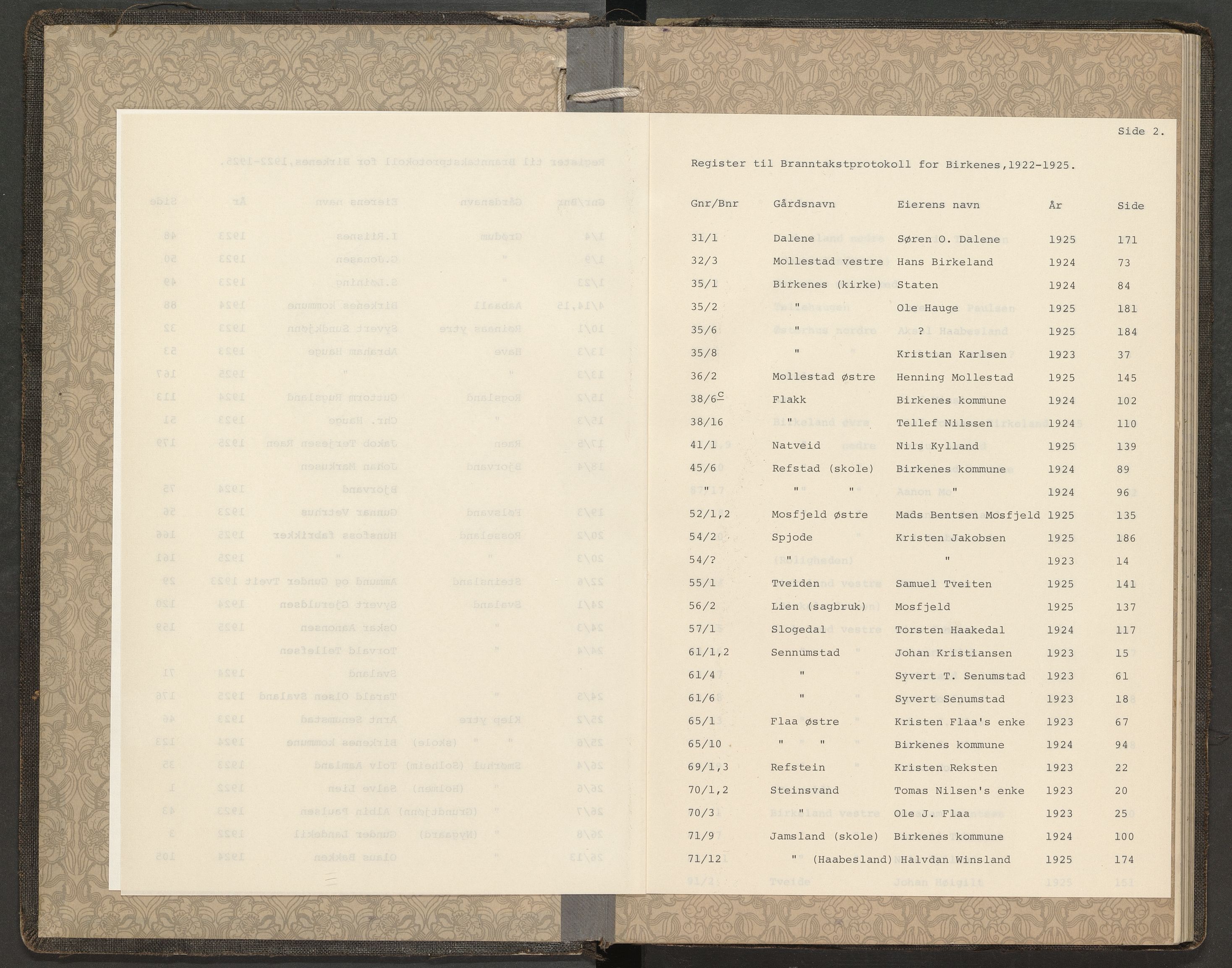 Norges Brannkasse Birkenes, AV/SAK-2241-0005/F/Fa/L0003: Branntakstprotokoll nr. 3 med gårdsnavnregister, 1922-1925