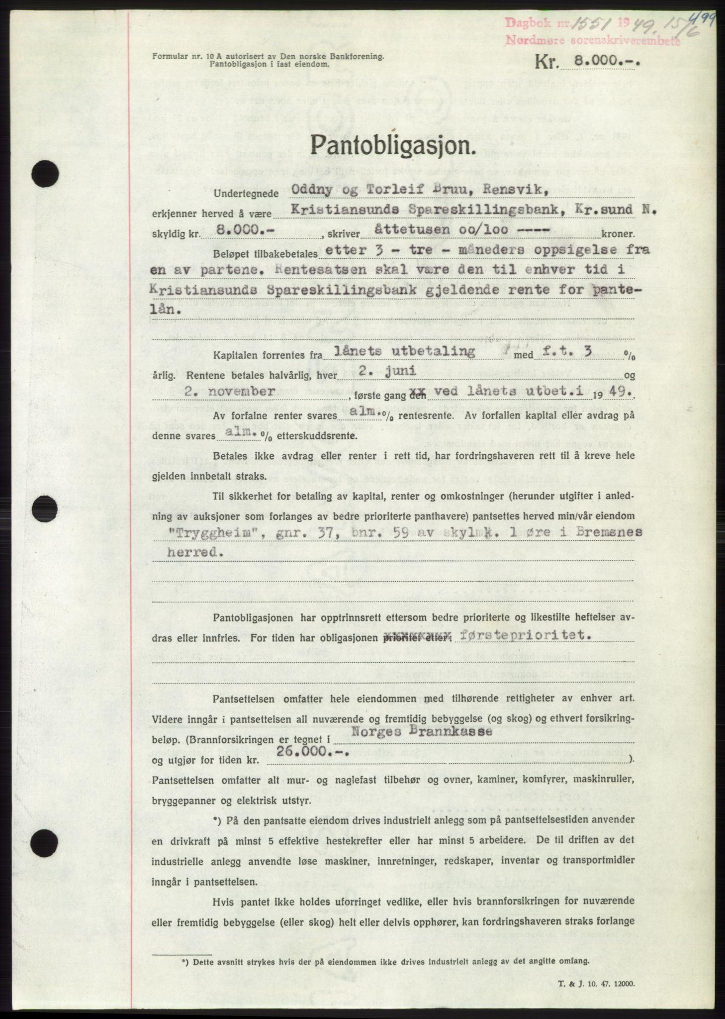 Nordmøre sorenskriveri, SAT/A-4132/1/2/2Ca: Pantebok nr. B101, 1949-1949, Dagboknr: 1551/1949