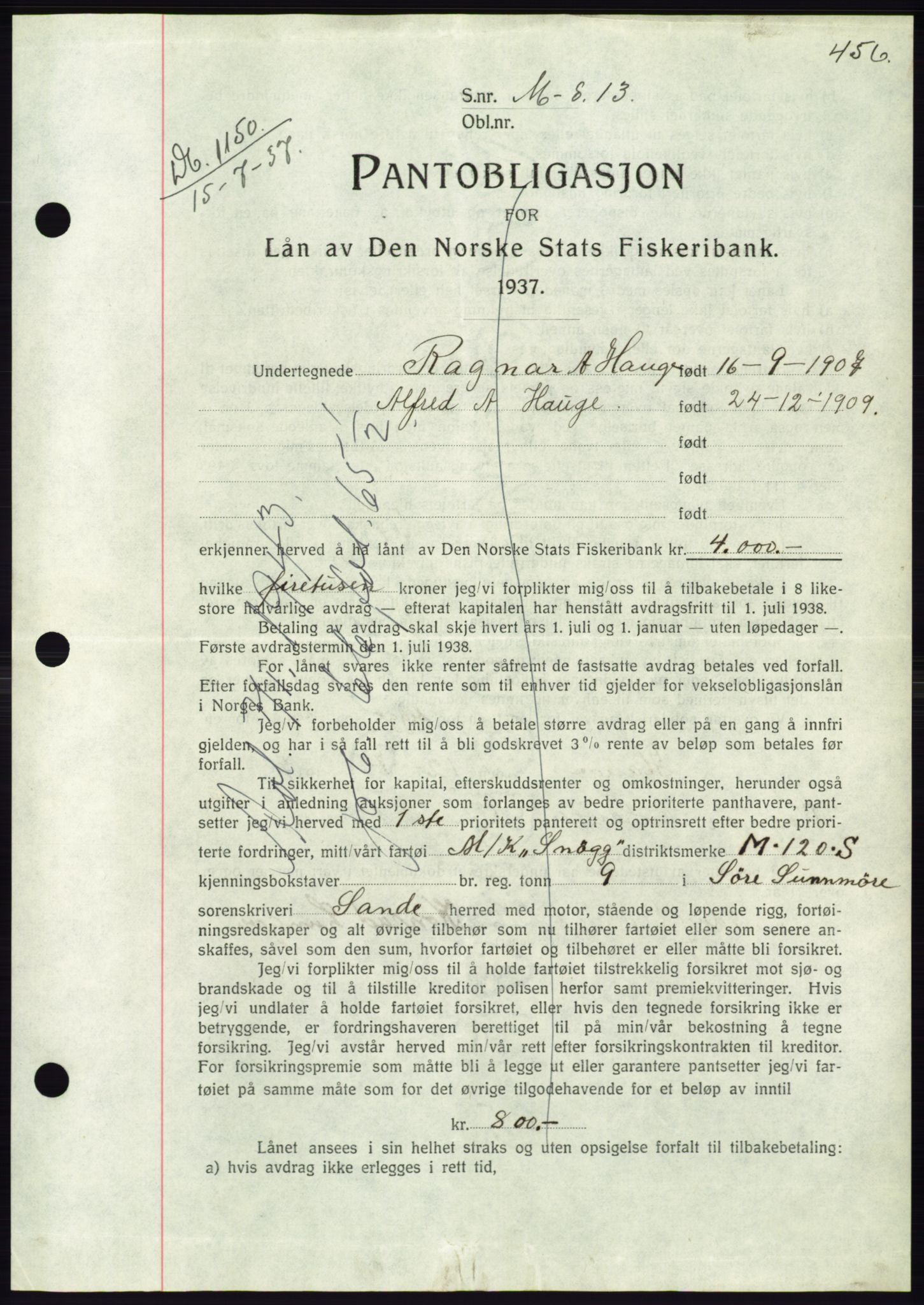 Søre Sunnmøre sorenskriveri, AV/SAT-A-4122/1/2/2C/L0063: Pantebok nr. 57, 1937-1937, Dagboknr: 1150/1937