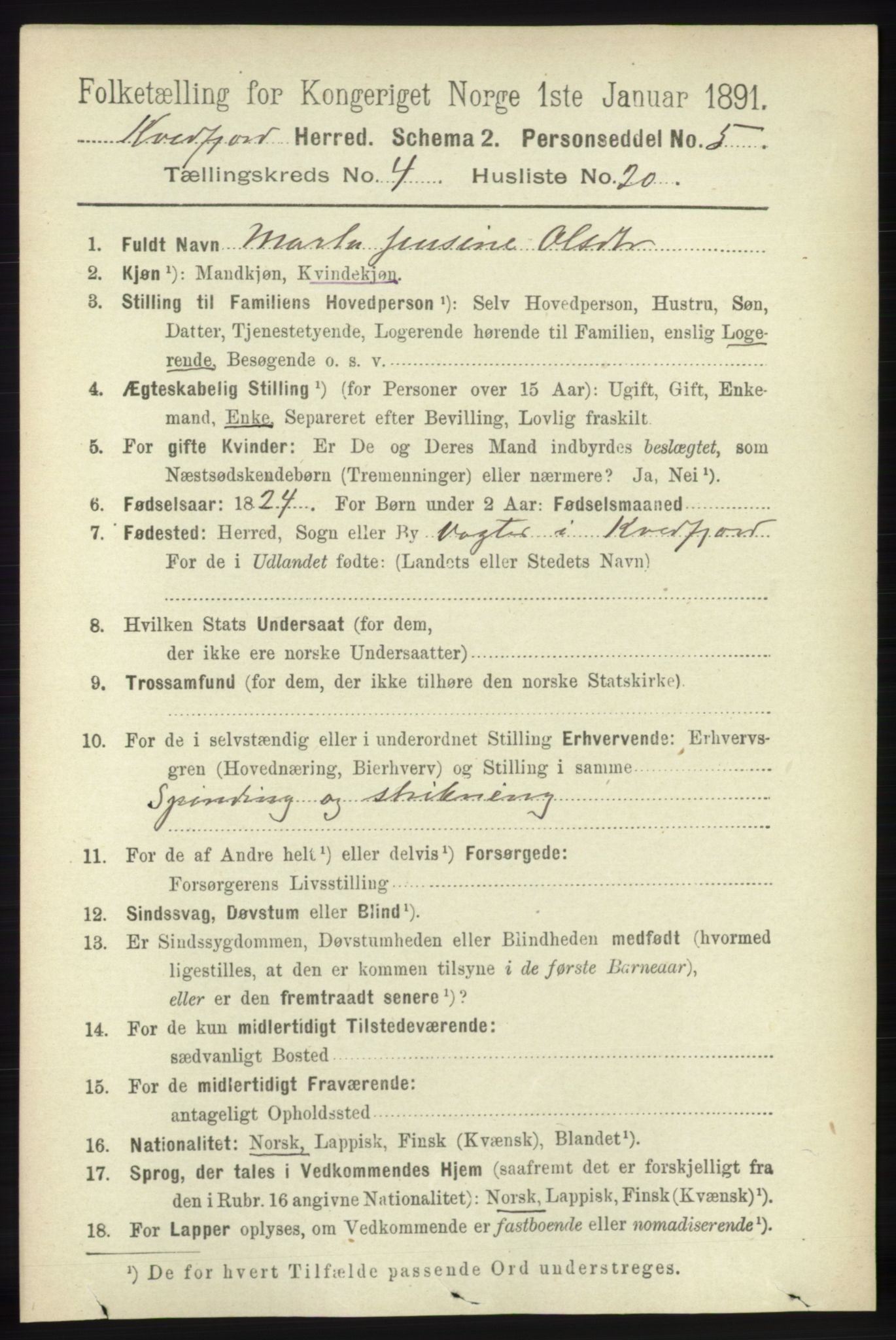 RA, Folketelling 1891 for 1911 Kvæfjord herred, 1891, s. 2010