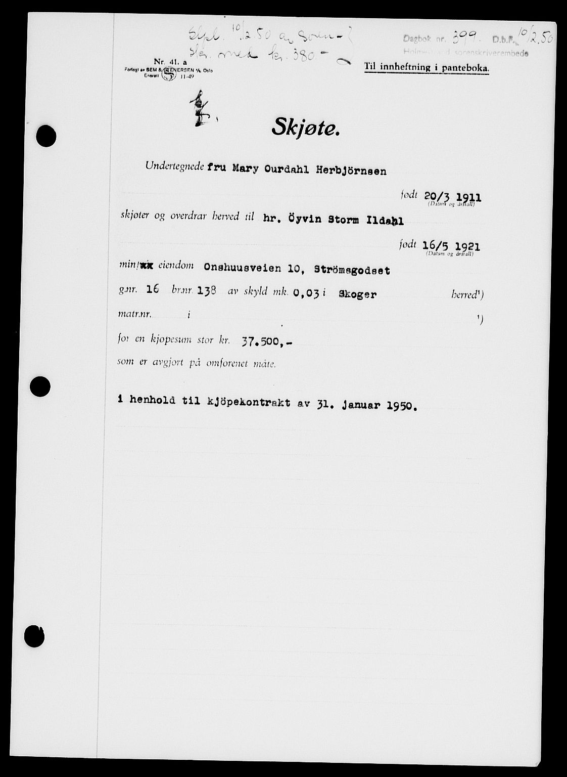 Holmestrand sorenskriveri, SAKO/A-67/G/Ga/Gaa/L0068: Pantebok nr. A-68, 1949-1950, Dagboknr: 399/1950