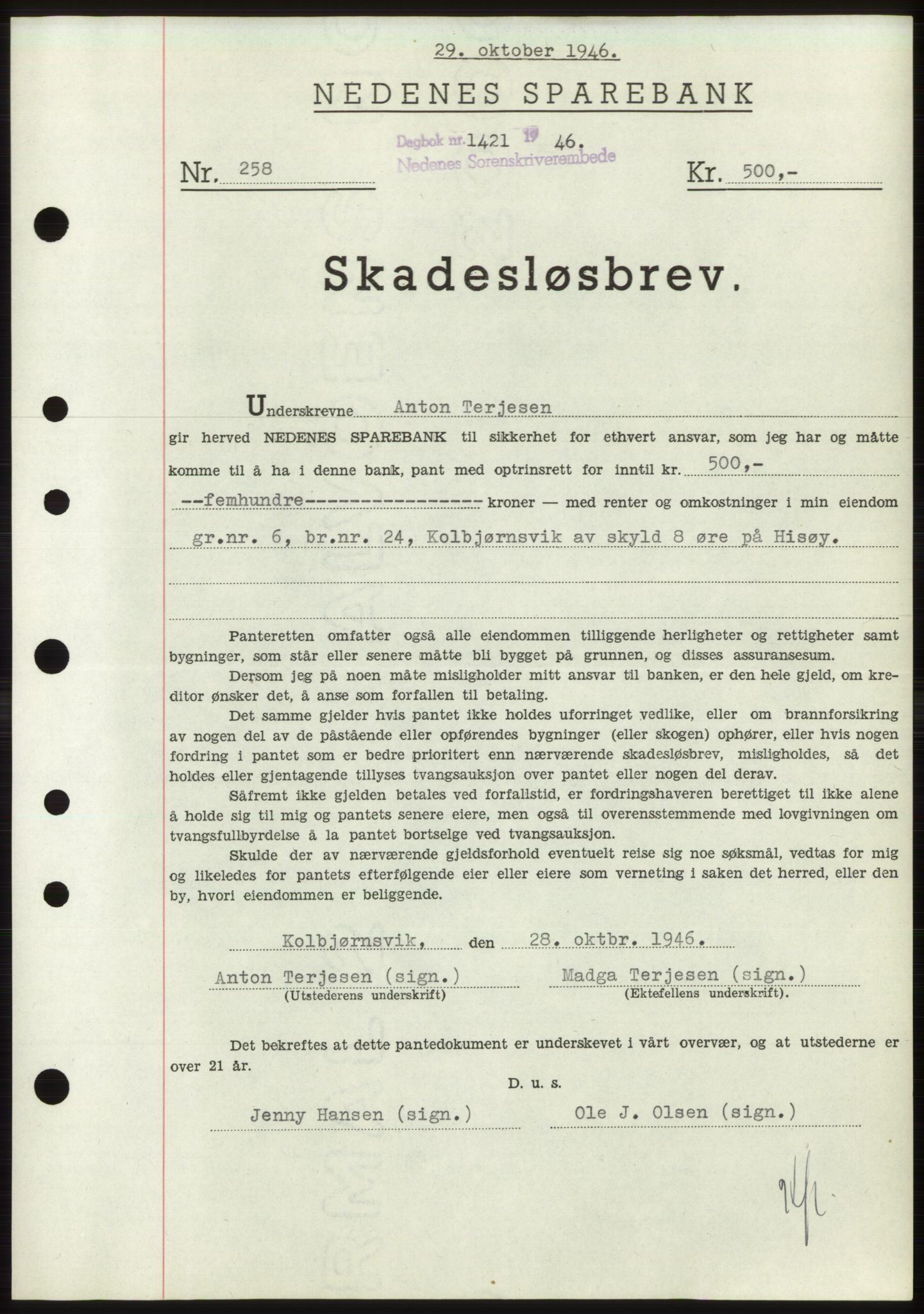 Nedenes sorenskriveri, SAK/1221-0006/G/Gb/Gbb/L0003: Pantebok nr. B3b, 1946-1946, Dagboknr: 1421/1946