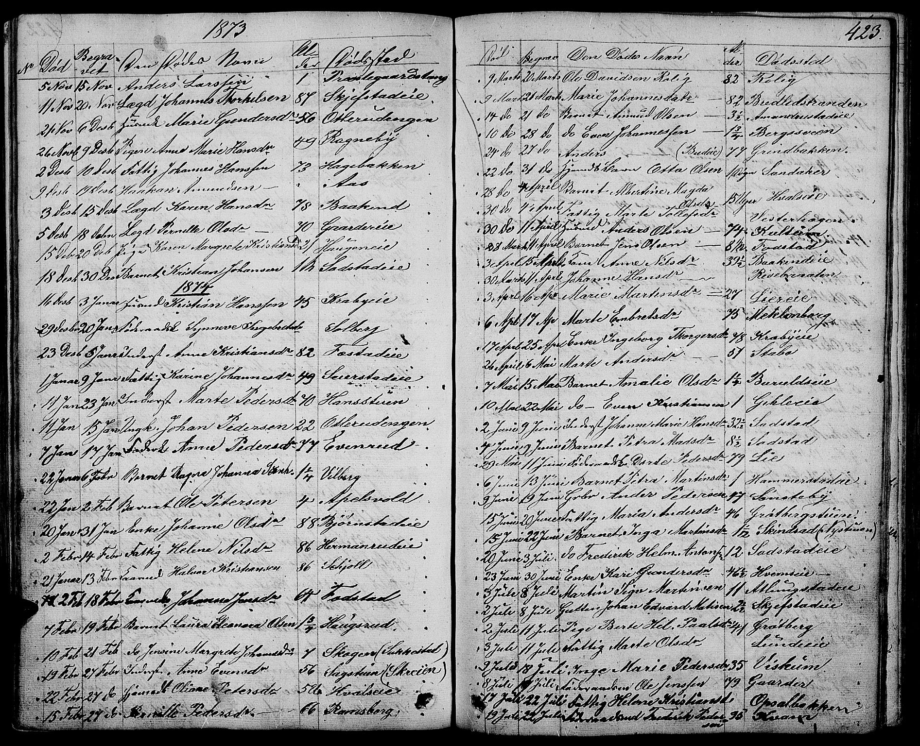 Østre Toten prestekontor, AV/SAH-PREST-104/H/Ha/Hab/L0004: Klokkerbok nr. 4, 1858-1886, s. 423