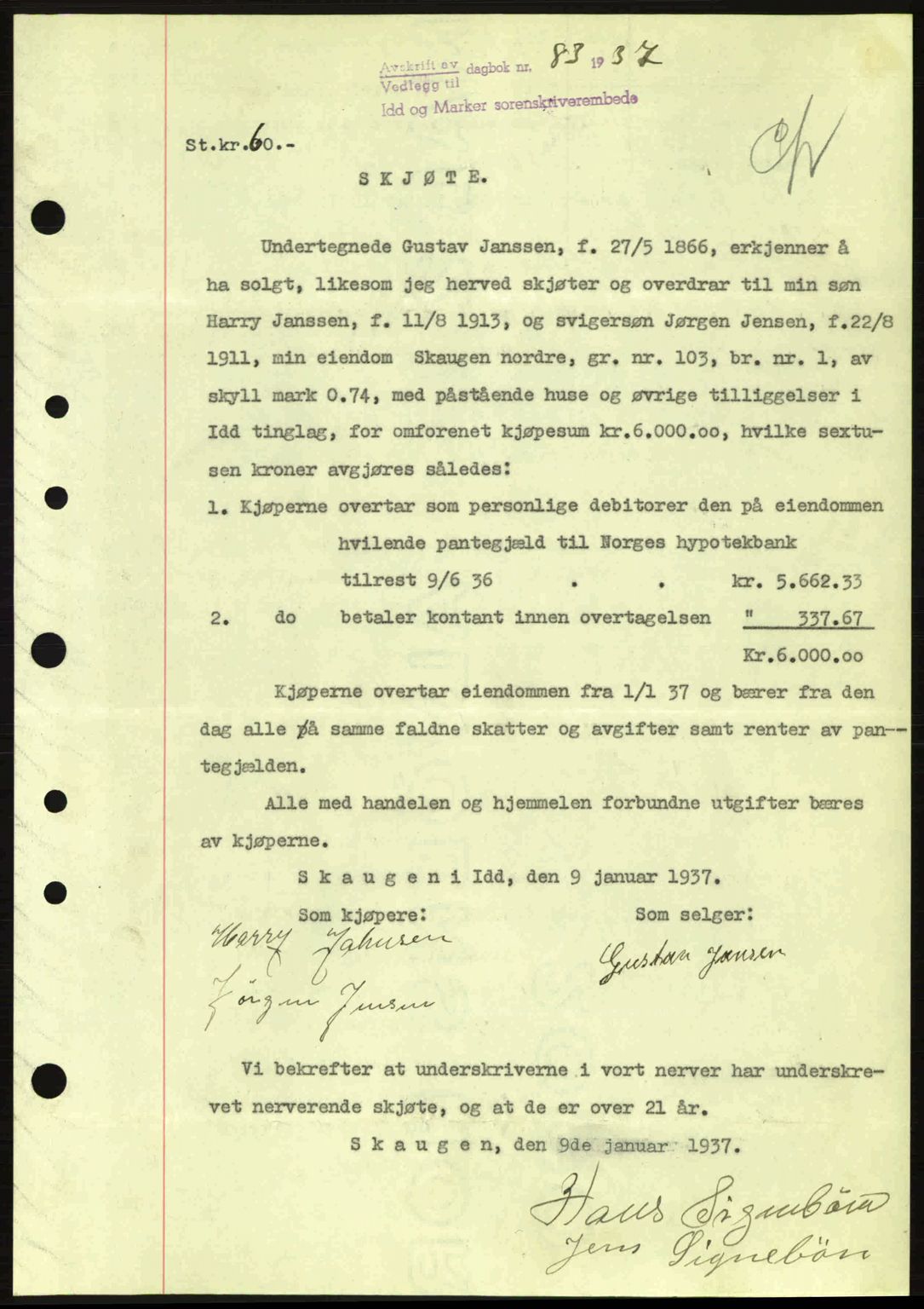 Idd og Marker sorenskriveri, AV/SAO-A-10283/G/Gb/Gbb/L0001: Pantebok nr. A1, 1936-1937, Dagboknr: 83/1937