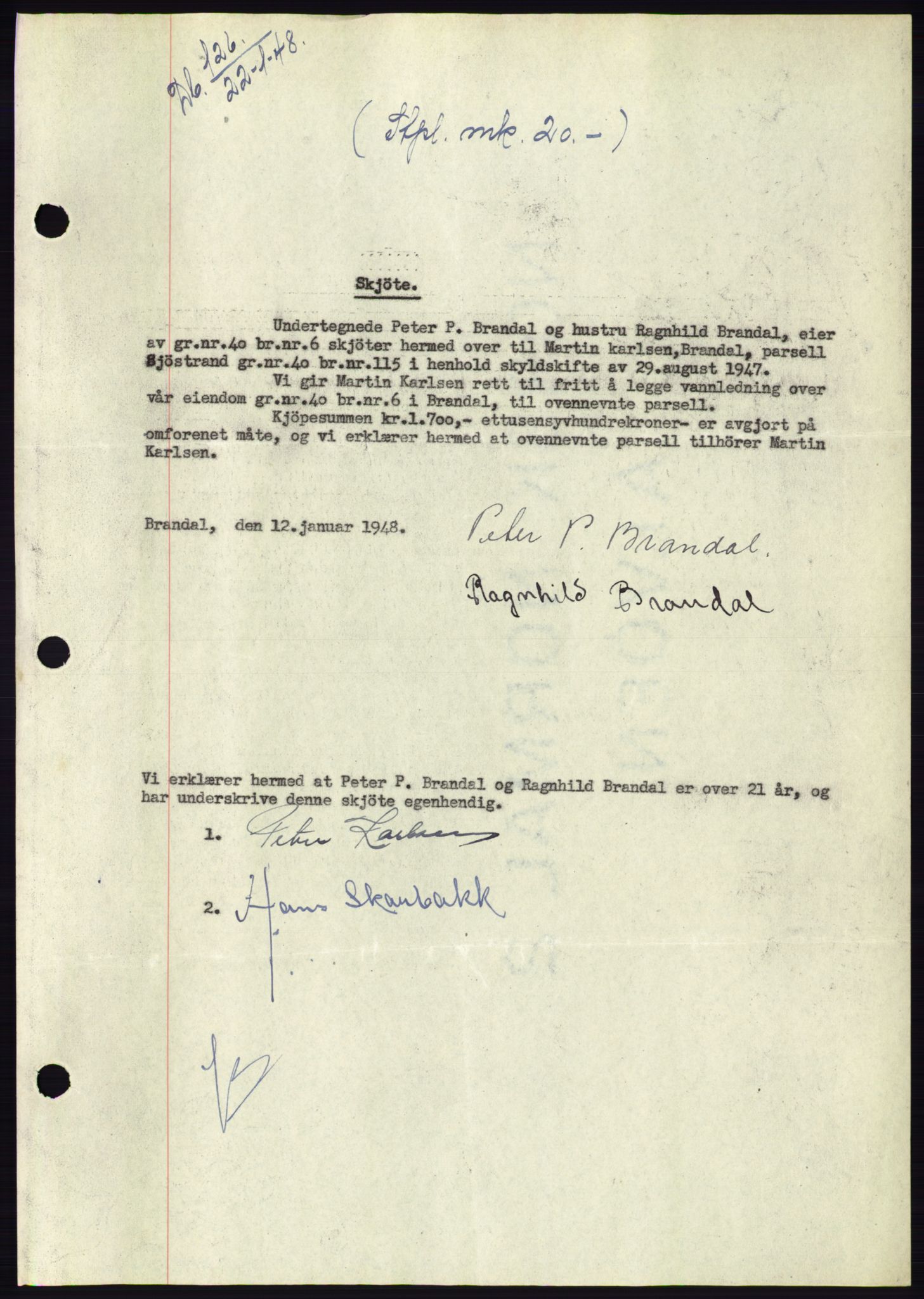 Søre Sunnmøre sorenskriveri, AV/SAT-A-4122/1/2/2C/L0082: Pantebok nr. 8A, 1948-1948, Dagboknr: 126/1948