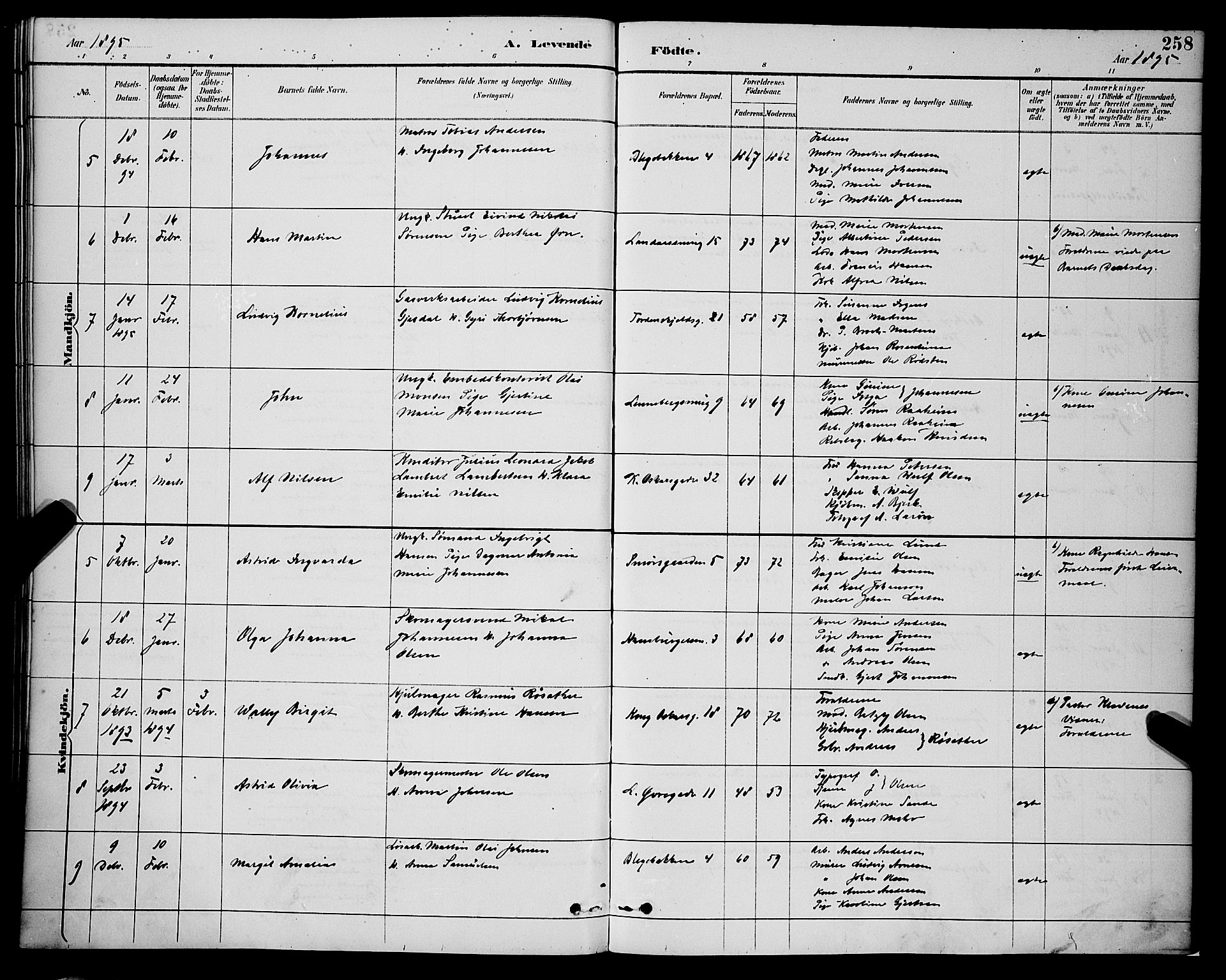 Korskirken sokneprestembete, SAB/A-76101/H/Hab: Klokkerbok nr. B 9, 1887-1896, s. 258