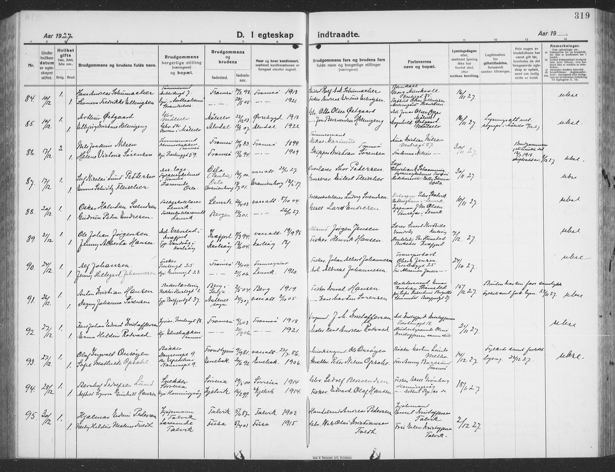 Tromsø sokneprestkontor/stiftsprosti/domprosti, AV/SATØ-S-1343/G/Gb/L0010klokker: Klokkerbok nr. 10, 1925-1937, s. 319