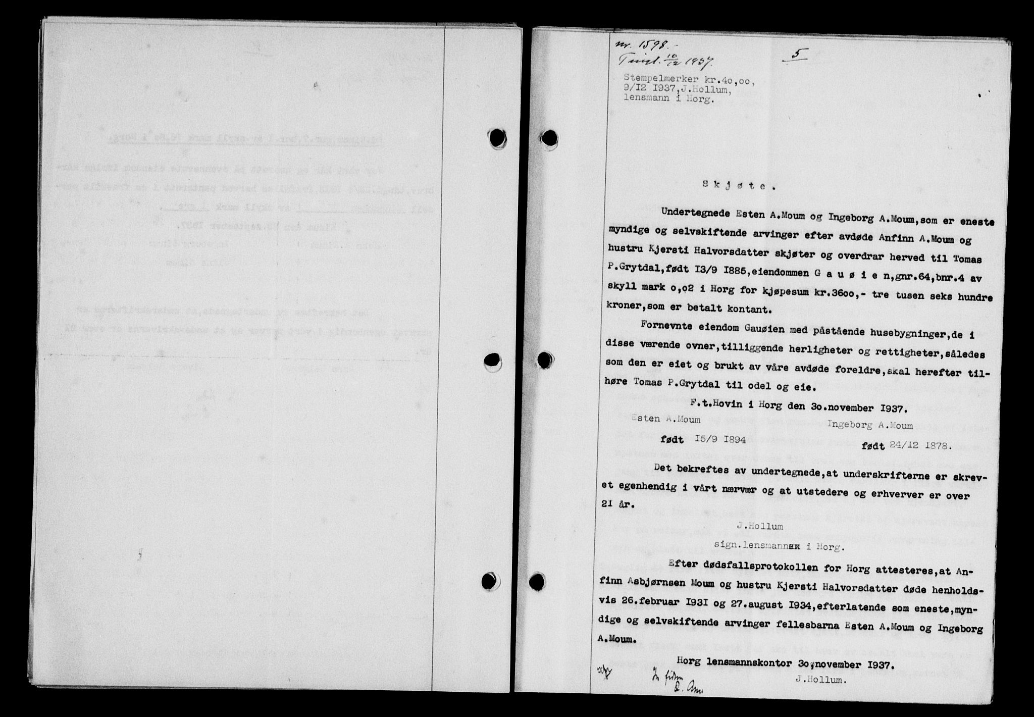 Gauldal sorenskriveri, SAT/A-0014/1/2/2C/L0048: Pantebok nr. 51-52, 1937-1938, s. 5, Dagboknr: 1598/1937