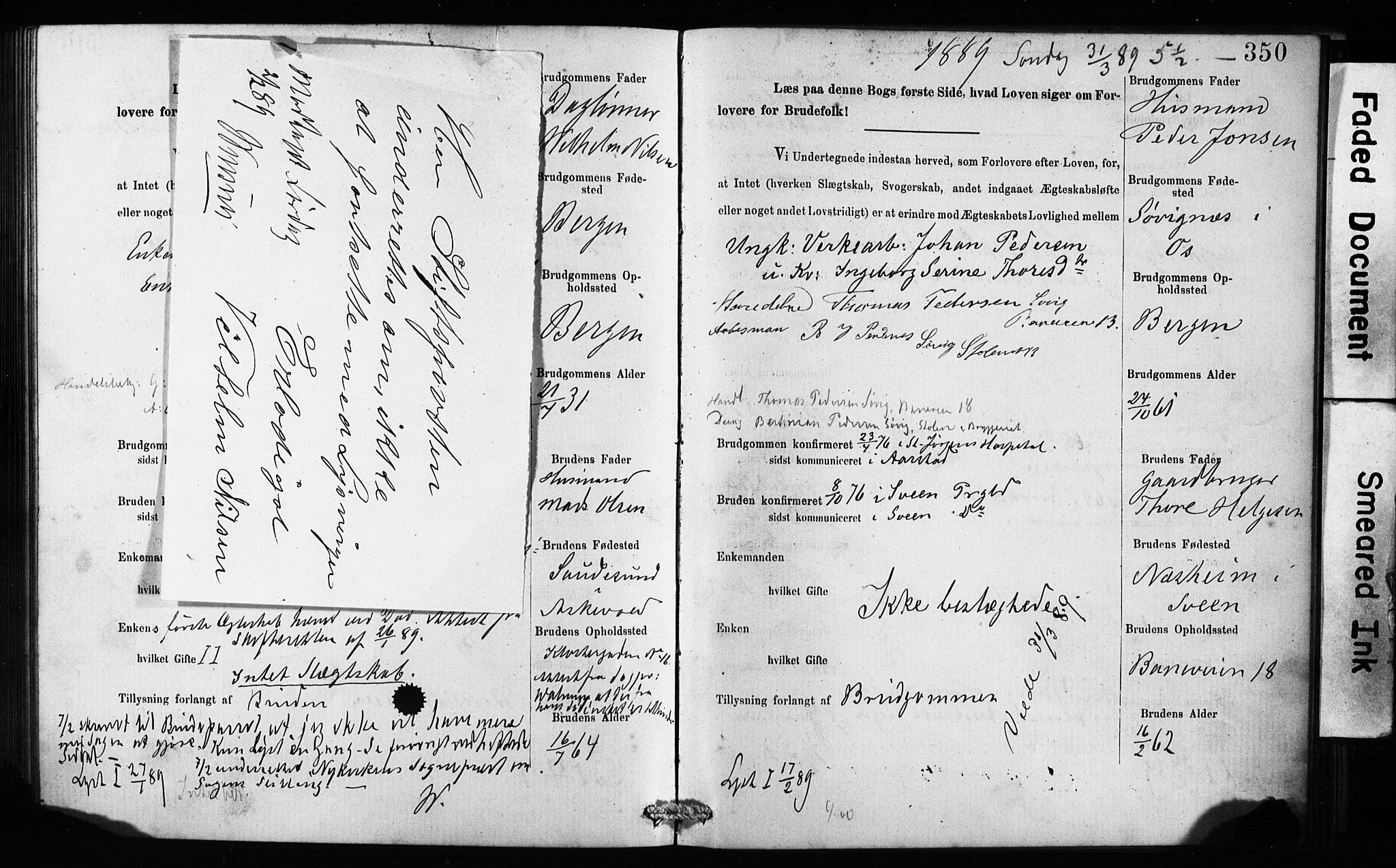 Domkirken sokneprestembete, SAB/A-74801: Forlovererklæringer nr. II.5.9, 1882-1889, s. 350