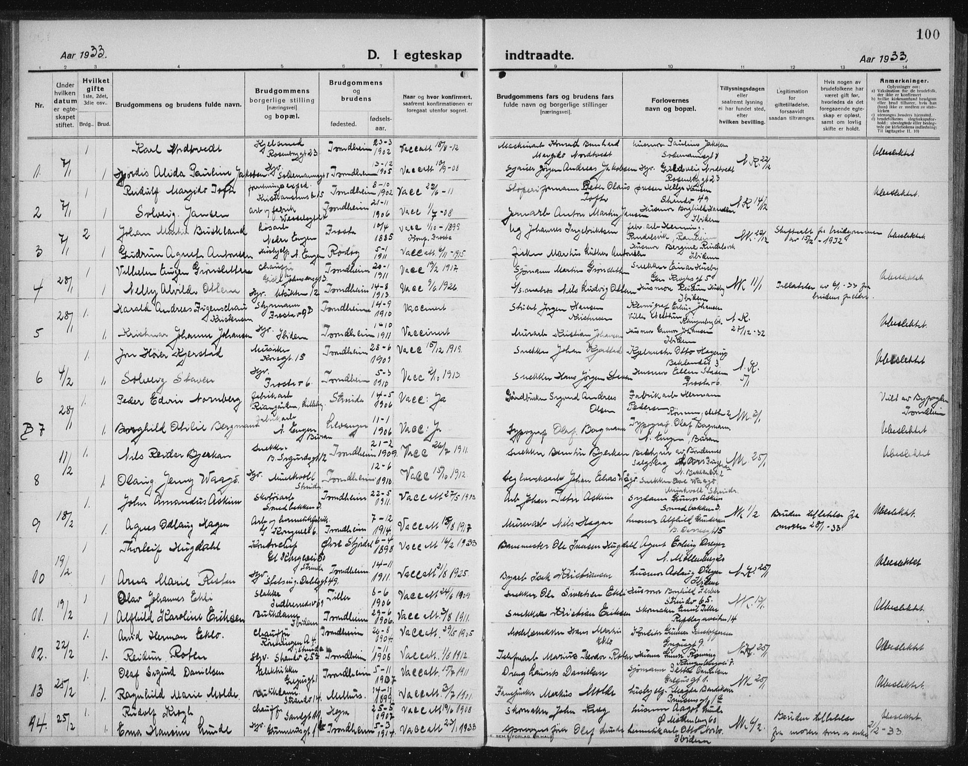 Ministerialprotokoller, klokkerbøker og fødselsregistre - Sør-Trøndelag, SAT/A-1456/605/L0260: Klokkerbok nr. 605C07, 1922-1942, s. 100