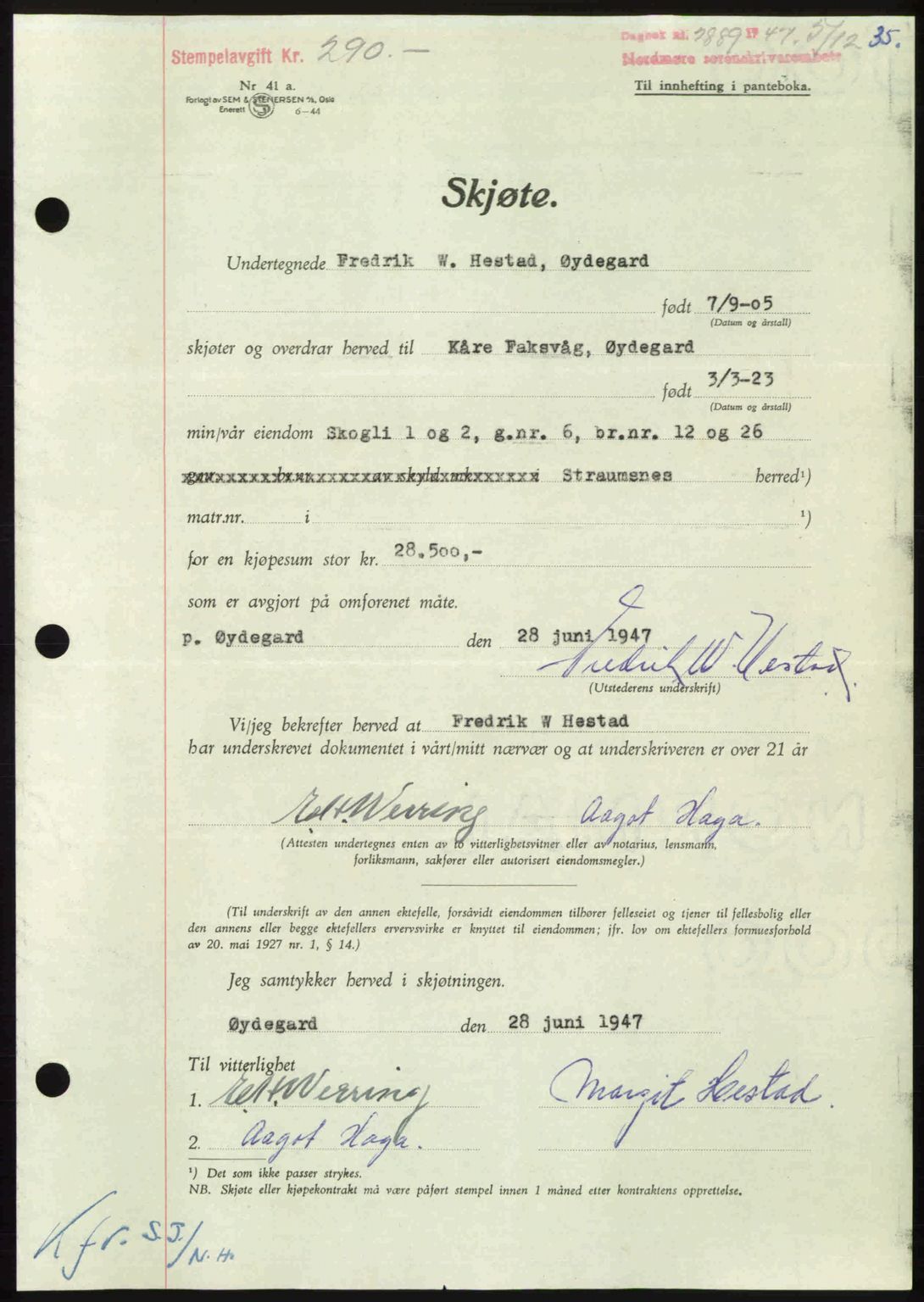 Nordmøre sorenskriveri, SAT/A-4132/1/2/2Ca: Pantebok nr. A107, 1947-1948, Dagboknr: 2889/1947