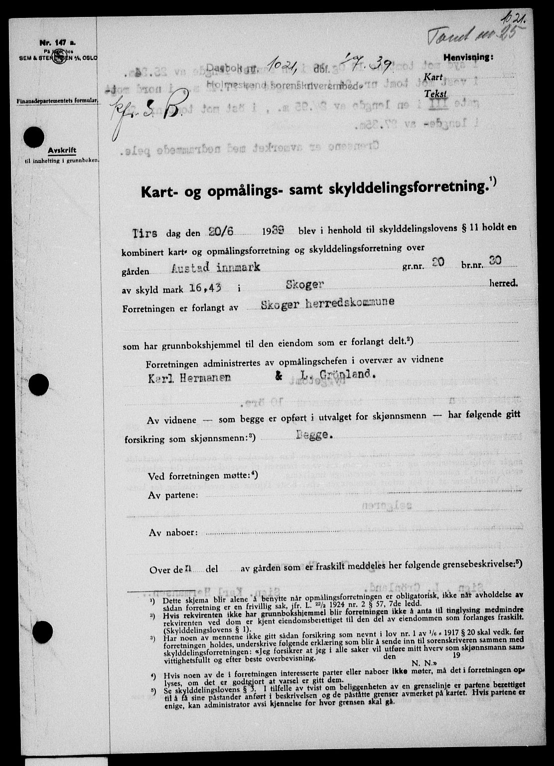 Holmestrand sorenskriveri, SAKO/A-67/G/Ga/Gaa/L0050: Pantebok nr. A-50, 1938-1939, Dagboknr: 1021/1939