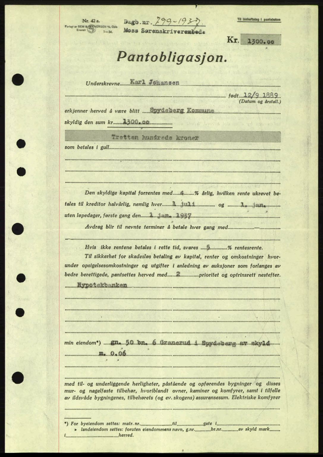Moss sorenskriveri, SAO/A-10168: Pantebok nr. B3, 1937-1937, Dagboknr: 799/1937