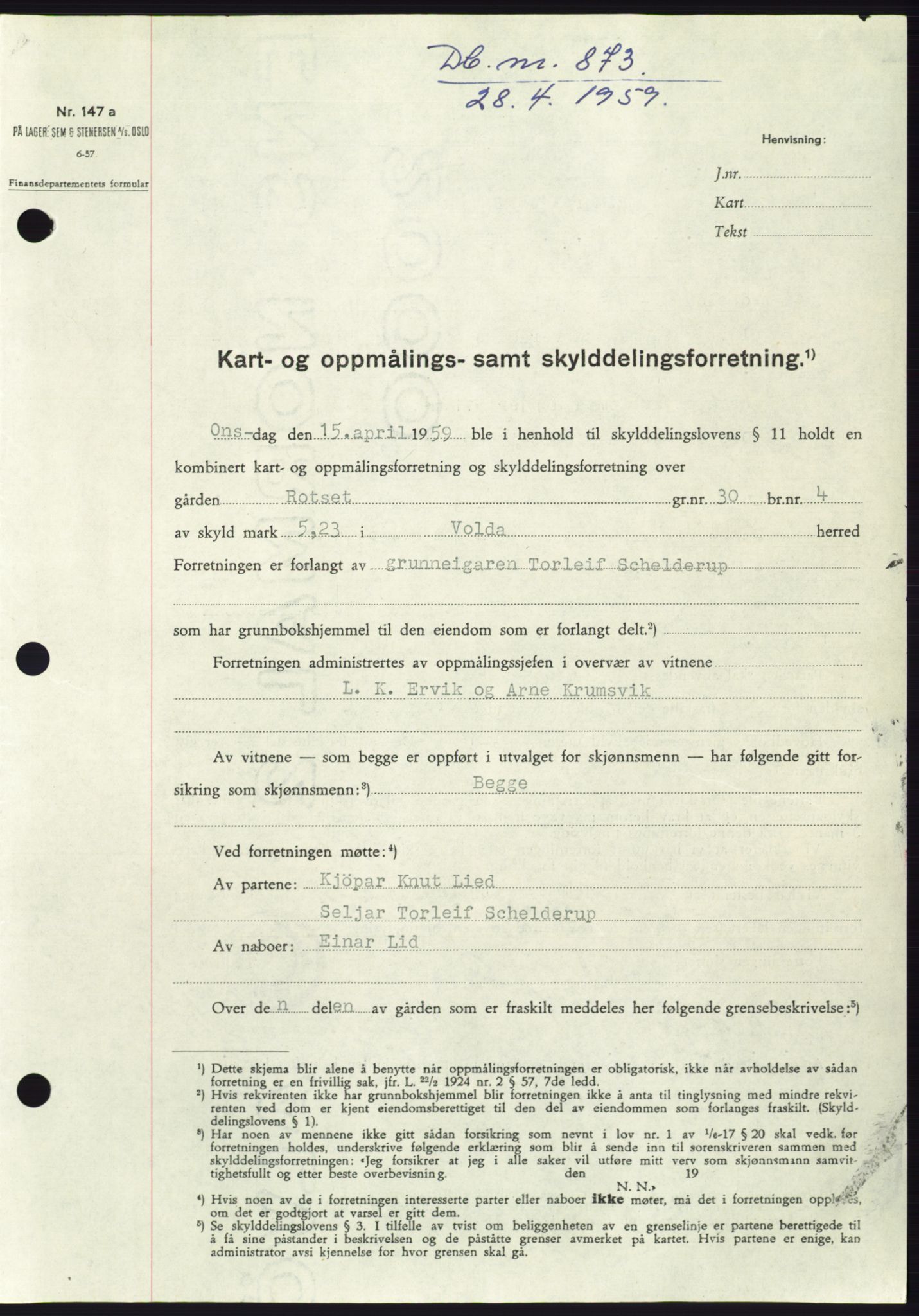 Søre Sunnmøre sorenskriveri, SAT/A-4122/1/2/2C/L0112: Pantebok nr. 38A, 1959-1959, Dagboknr: 873/1959