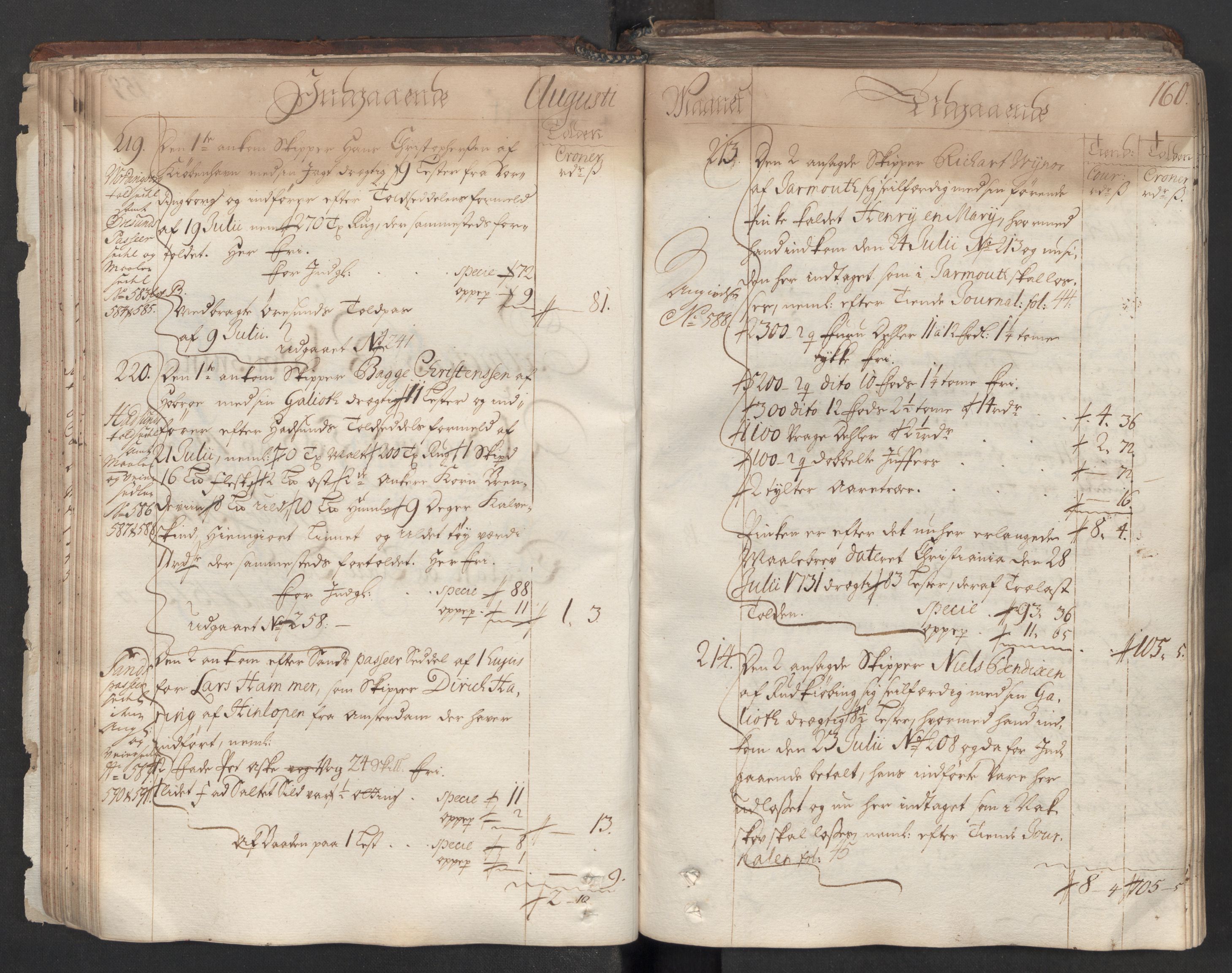 Generaltollkammeret, tollregnskaper, AV/RA-EA-5490/R06/L0012/0001: Tollregnskaper Kristiania / Hovedtollbok, 1731, s. 159b-160a