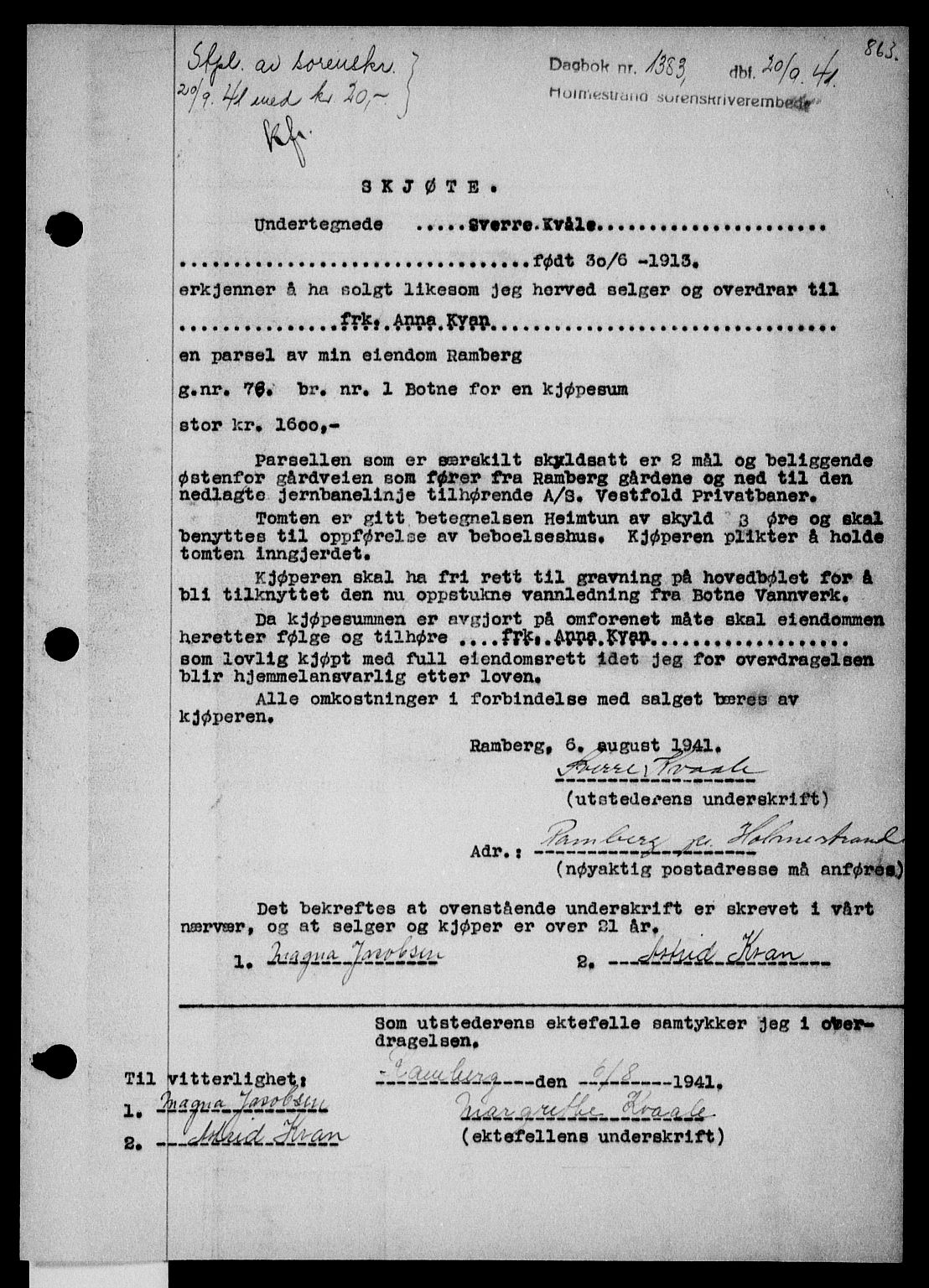 Holmestrand sorenskriveri, SAKO/A-67/G/Ga/Gaa/L0053: Pantebok nr. A-53, 1941-1941, Dagboknr: 1383/1941