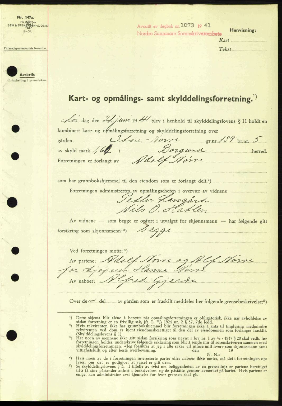 Nordre Sunnmøre sorenskriveri, SAT/A-0006/1/2/2C/2Ca: Pantebok nr. A11, 1941-1941, Dagboknr: 1073/1941