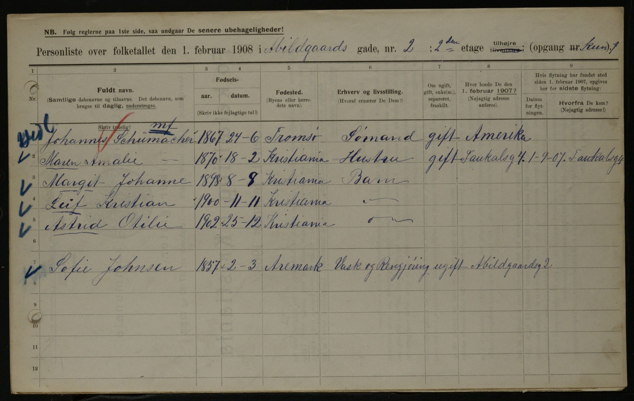 OBA, Kommunal folketelling 1.2.1908 for Kristiania kjøpstad, 1908, s. 7