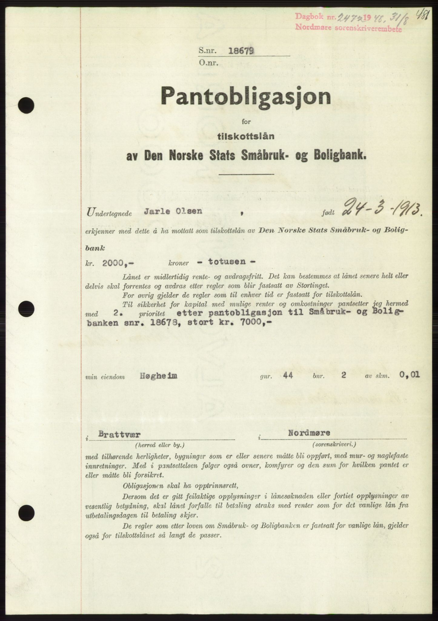 Nordmøre sorenskriveri, SAT/A-4132/1/2/2Ca: Pantebok nr. B99, 1948-1948, Dagboknr: 2472/1948