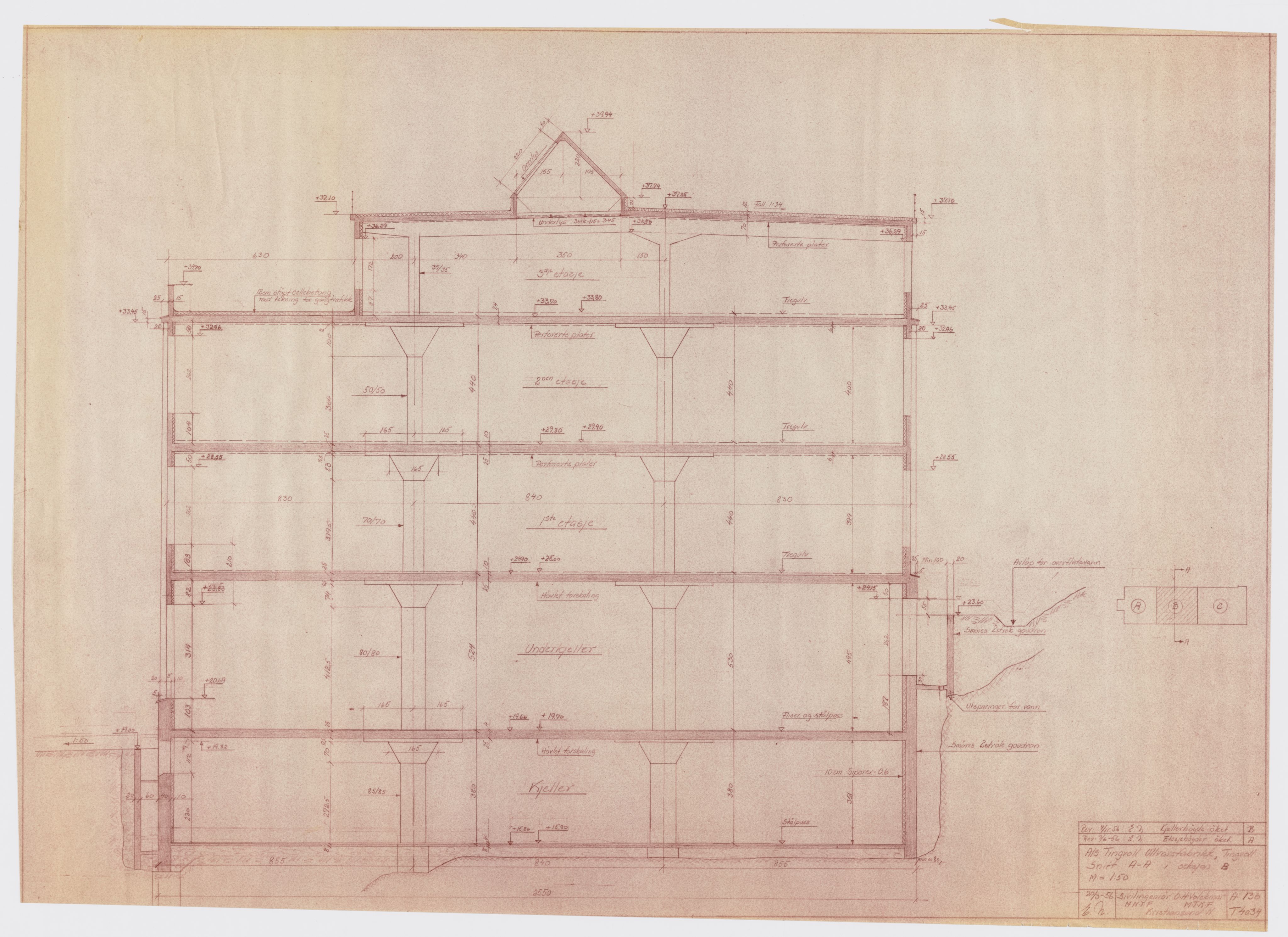 Tingvoll Ullvarefabrikk, IKAM/P-00482/T/Ta/L0022: Byggtegning av hele fabrikken (vedr. forslag til påbygg til tak), 1956