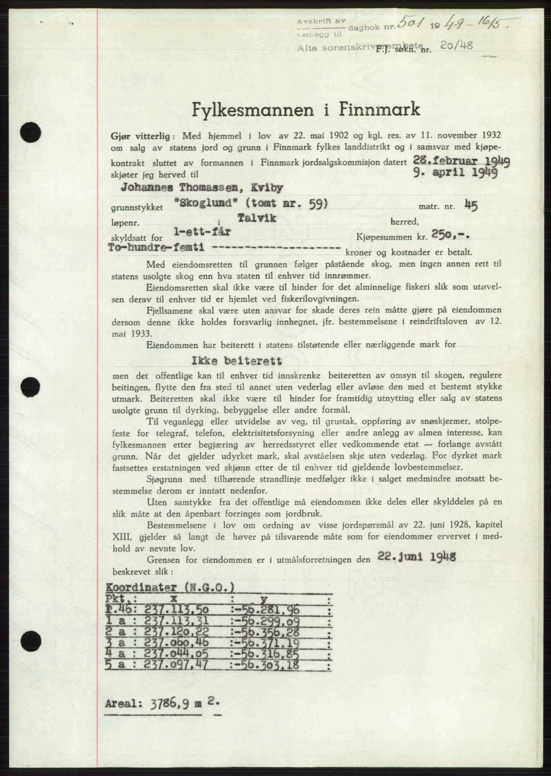 Alta fogderi/sorenskriveri, SATØ/SATØ-5/1/K/Kd/L0037pantebok: Pantebok nr. 39-40, 1948-1949, Dagboknr: 501/1949