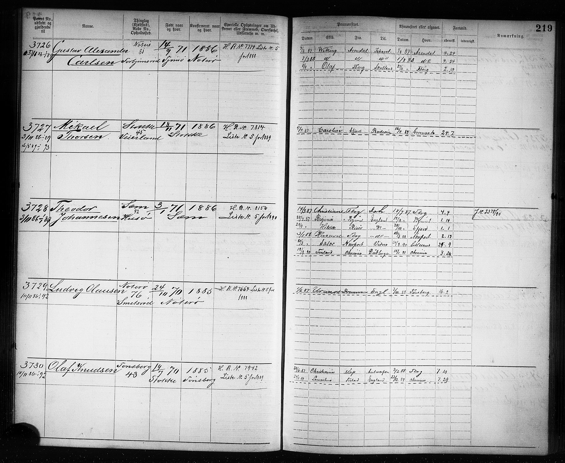 Tønsberg innrulleringskontor, SAKO/A-786/F/Fb/L0007: Annotasjonsrulle Patent nr. 2636-5150, 1881-1892, s. 220