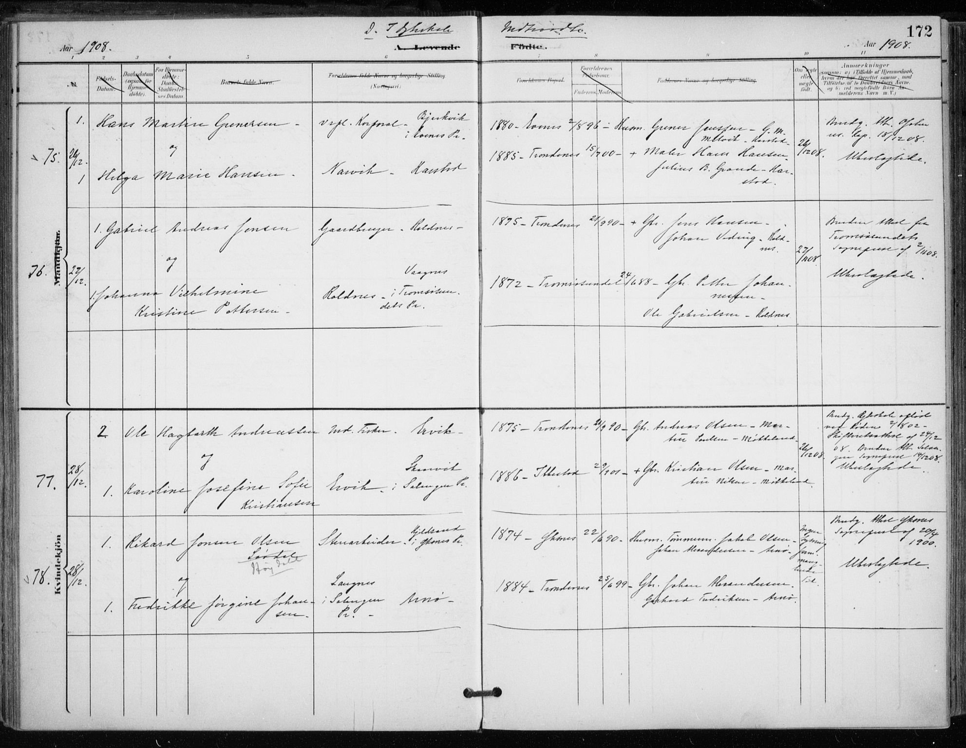 Trondenes sokneprestkontor, AV/SATØ-S-1319/H/Ha/L0017kirke: Ministerialbok nr. 17, 1899-1908, s. 172