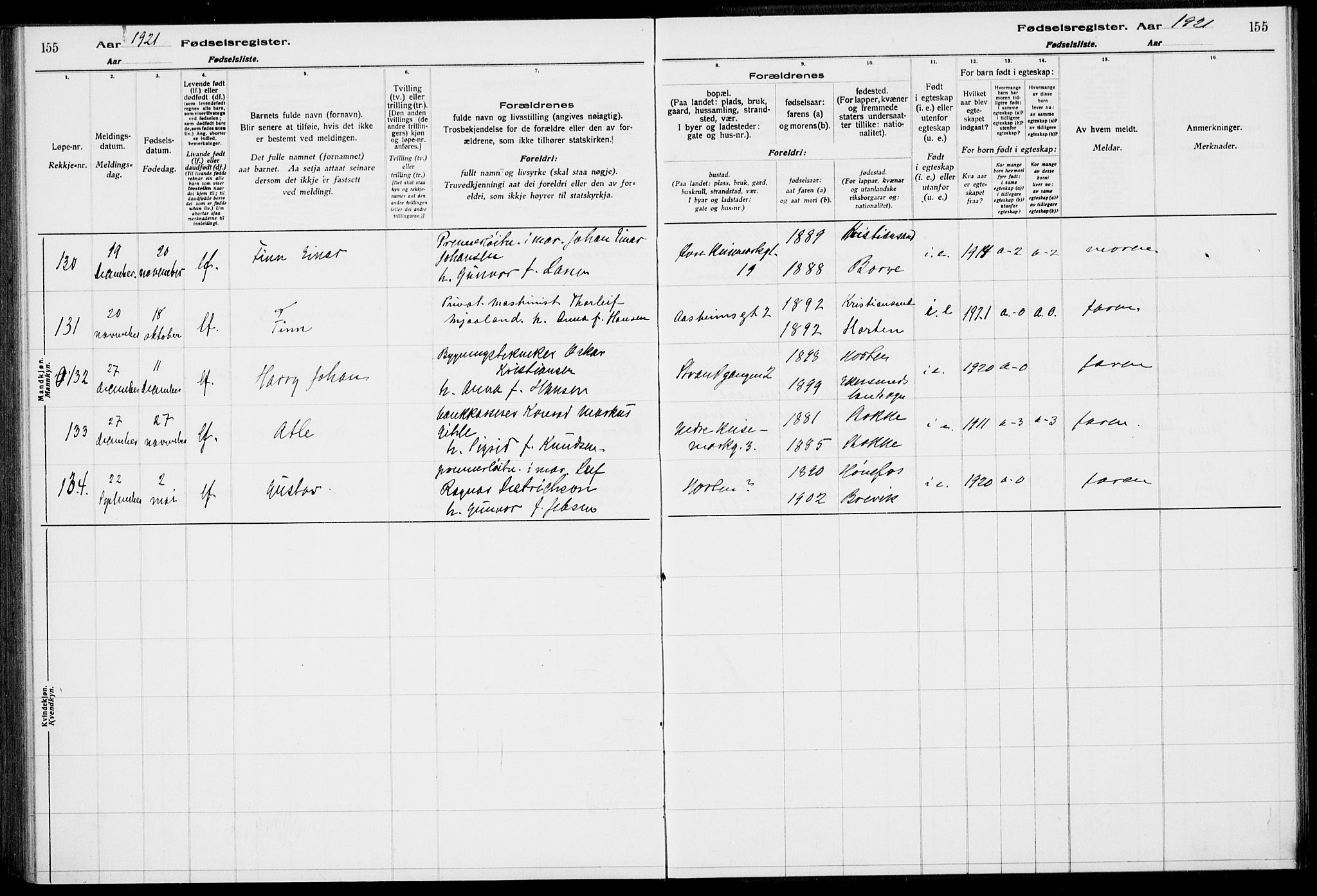 Horten kirkebøker, AV/SAKO-A-348/J/Ja/L0001: Fødselsregister nr. 1, 1916-1923, s. 155