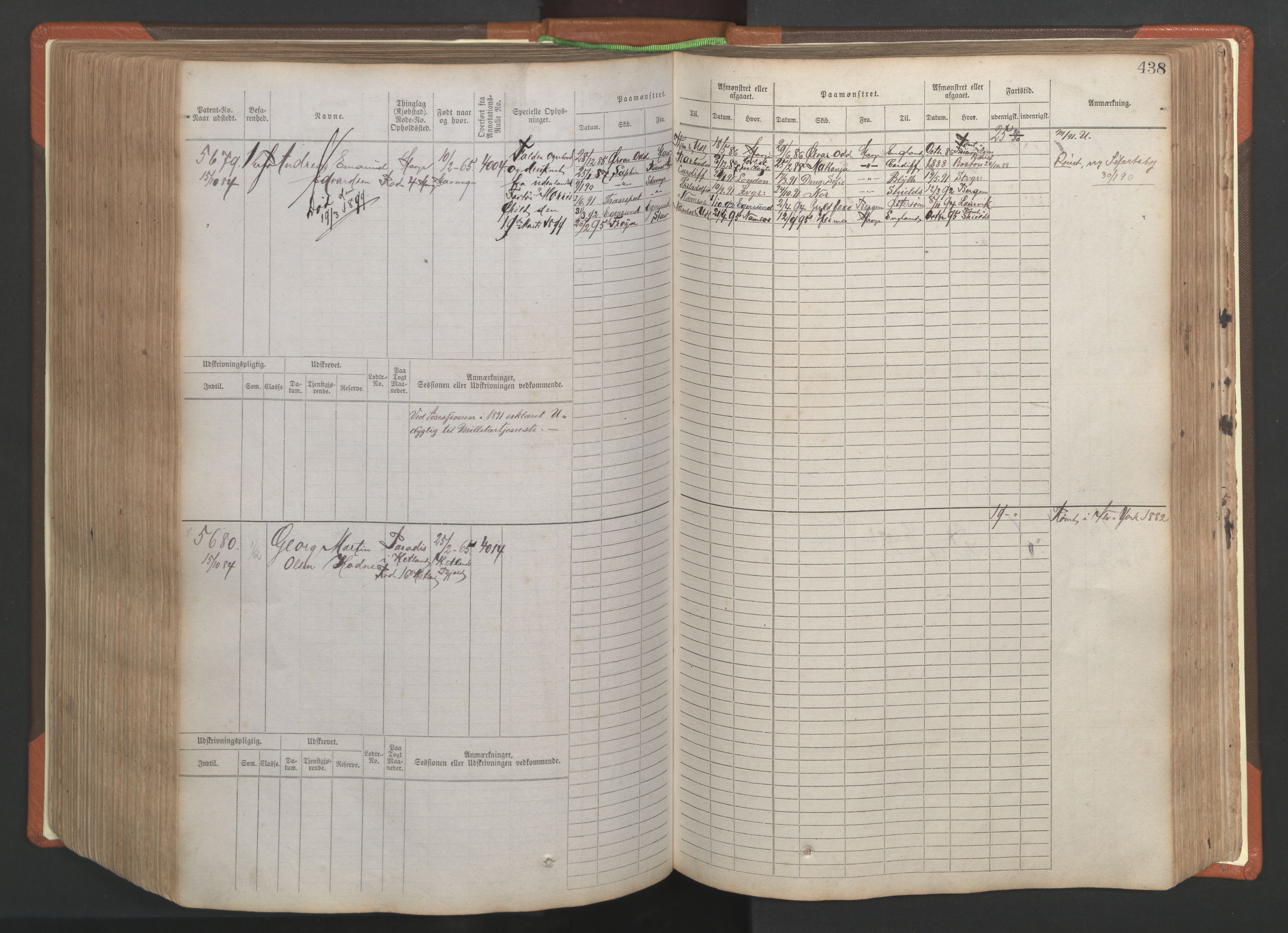 Stavanger sjømannskontor, AV/SAST-A-102006/F/Fb/Fbb/L0009: Sjøfartshovedrulle, patentnr. 4805-6006, 1879-1887, s. 444