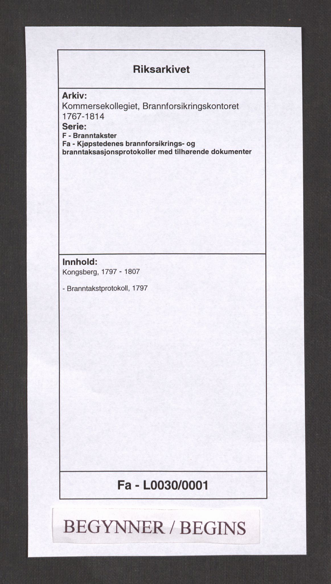 Kommersekollegiet, Brannforsikringskontoret 1767-1814, RA/EA-5458/F/Fa/L0030/0001: Kongsberg / Branntakstprotokoll, 1797
