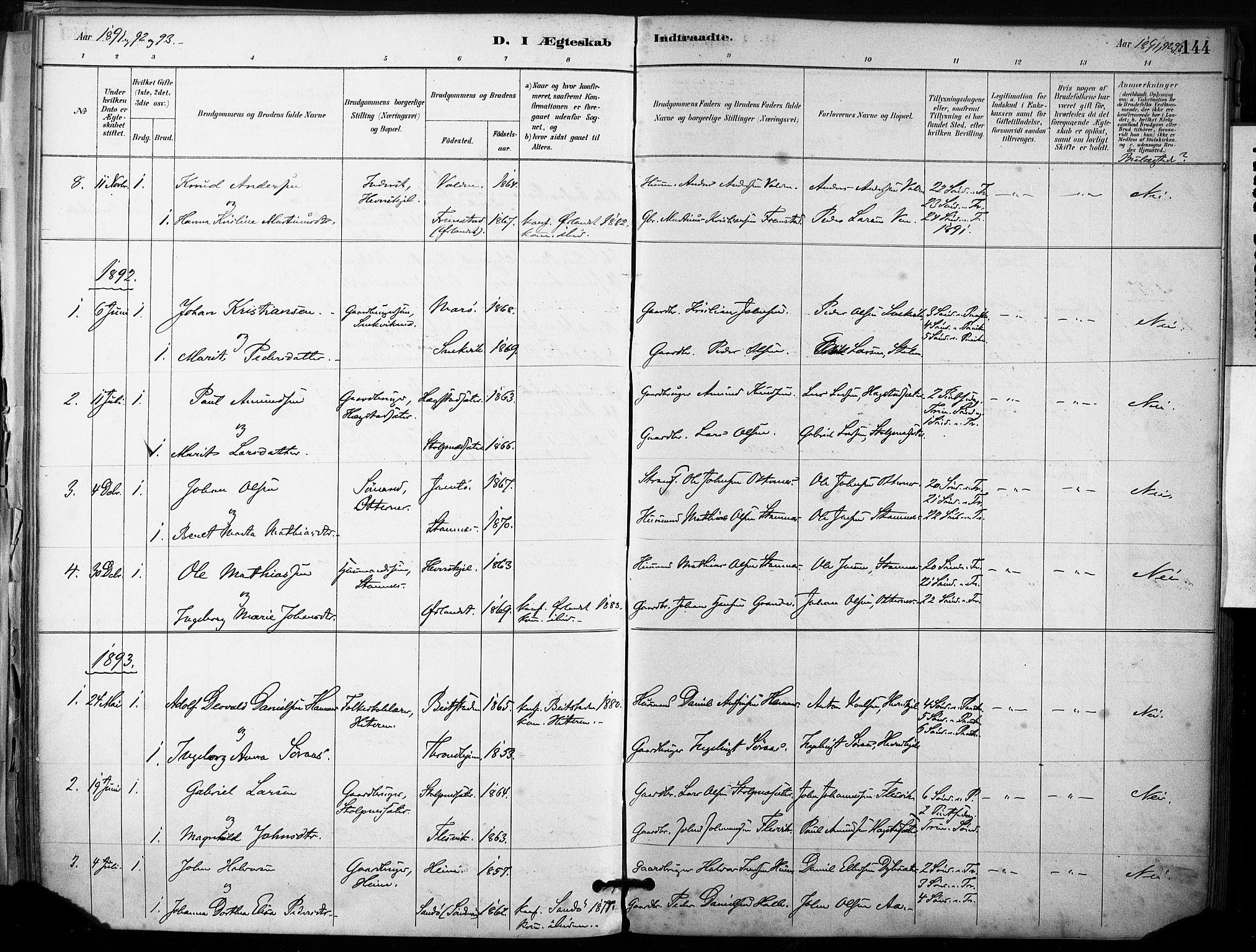 Ministerialprotokoller, klokkerbøker og fødselsregistre - Sør-Trøndelag, AV/SAT-A-1456/633/L0518: Ministerialbok nr. 633A01, 1884-1906, s. 144