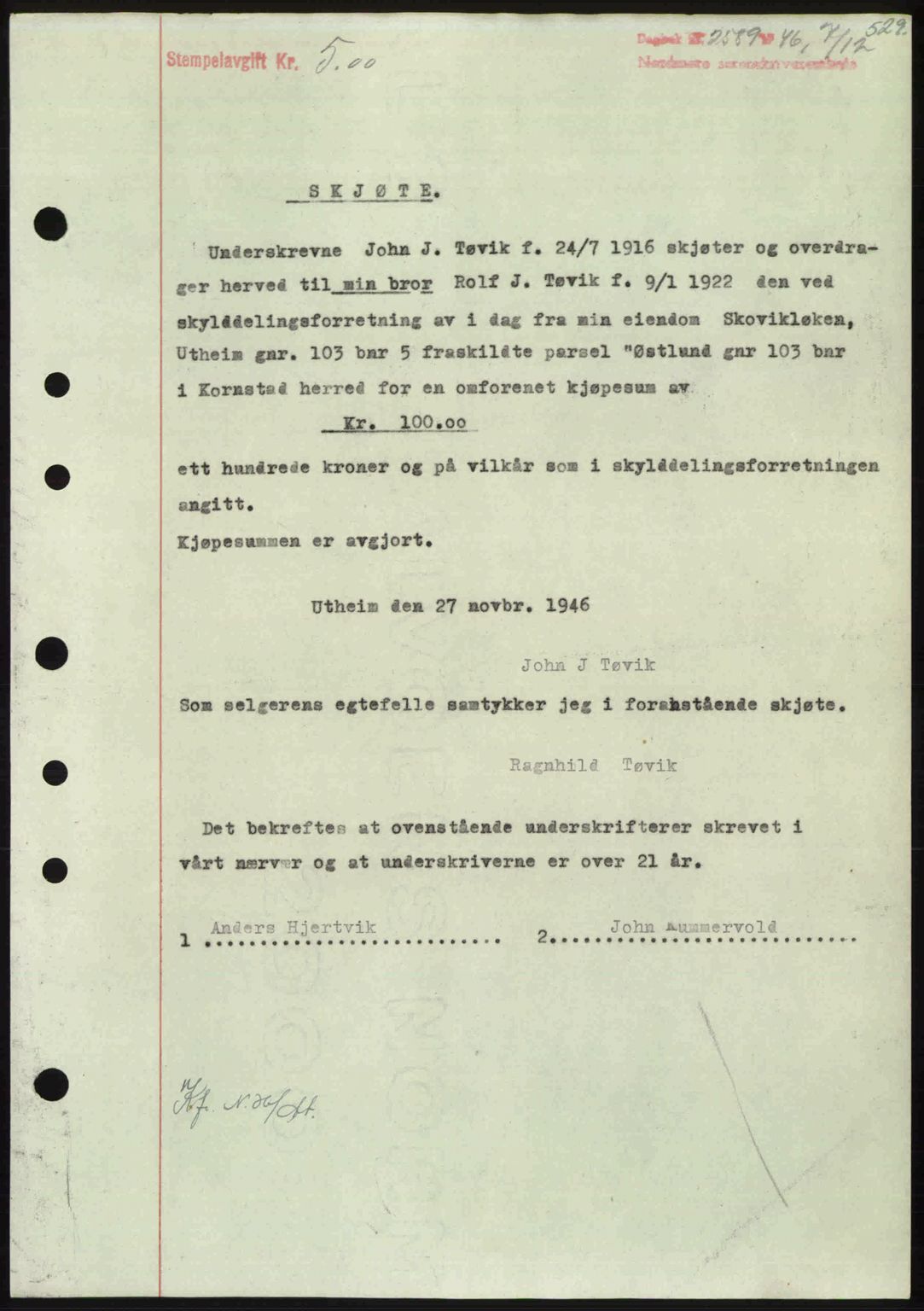 Nordmøre sorenskriveri, SAT/A-4132/1/2/2Ca: Pantebok nr. A103, 1946-1947, Dagboknr: 2589/1946