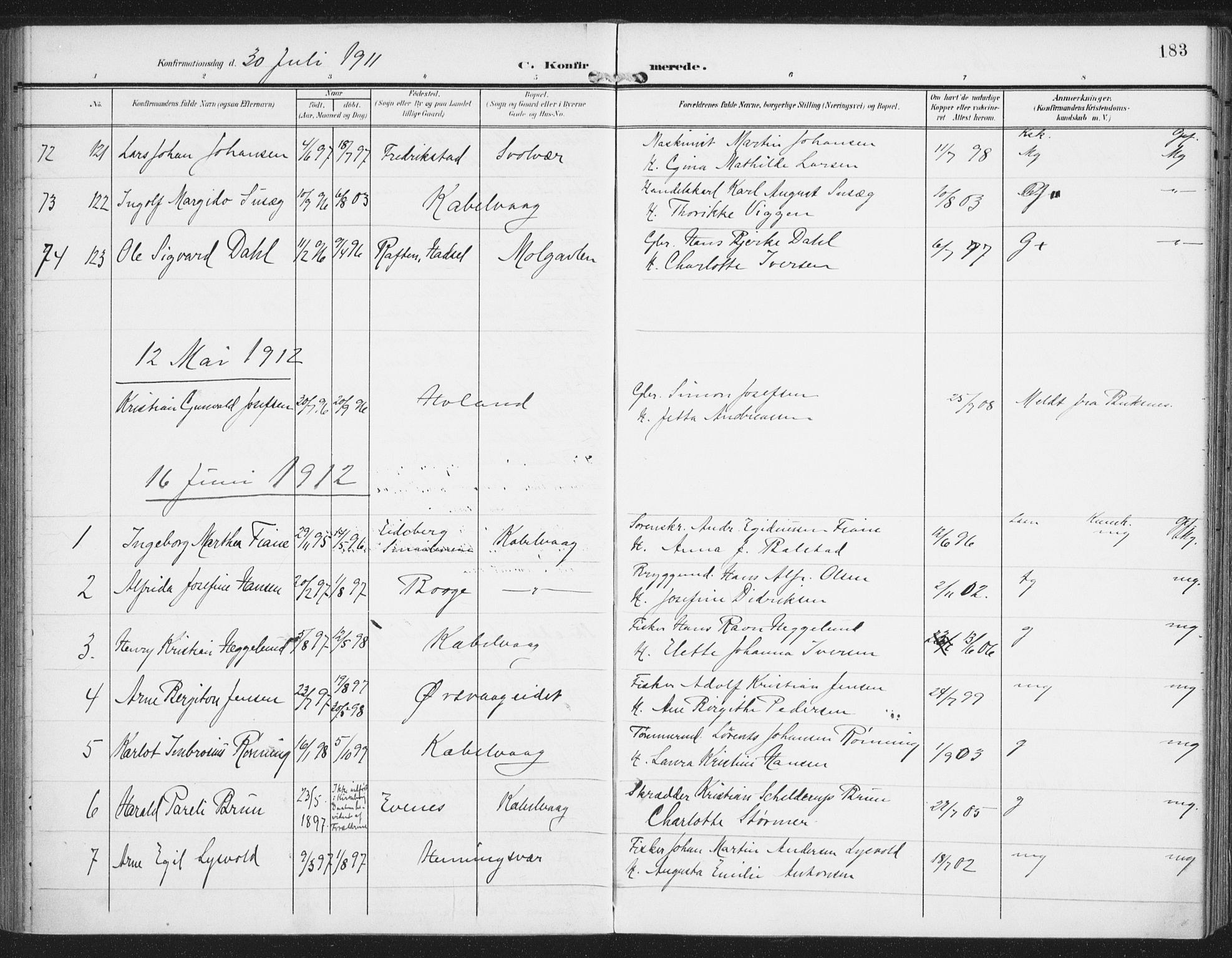 Ministerialprotokoller, klokkerbøker og fødselsregistre - Nordland, AV/SAT-A-1459/874/L1063: Ministerialbok nr. 874A07, 1907-1915, s. 183