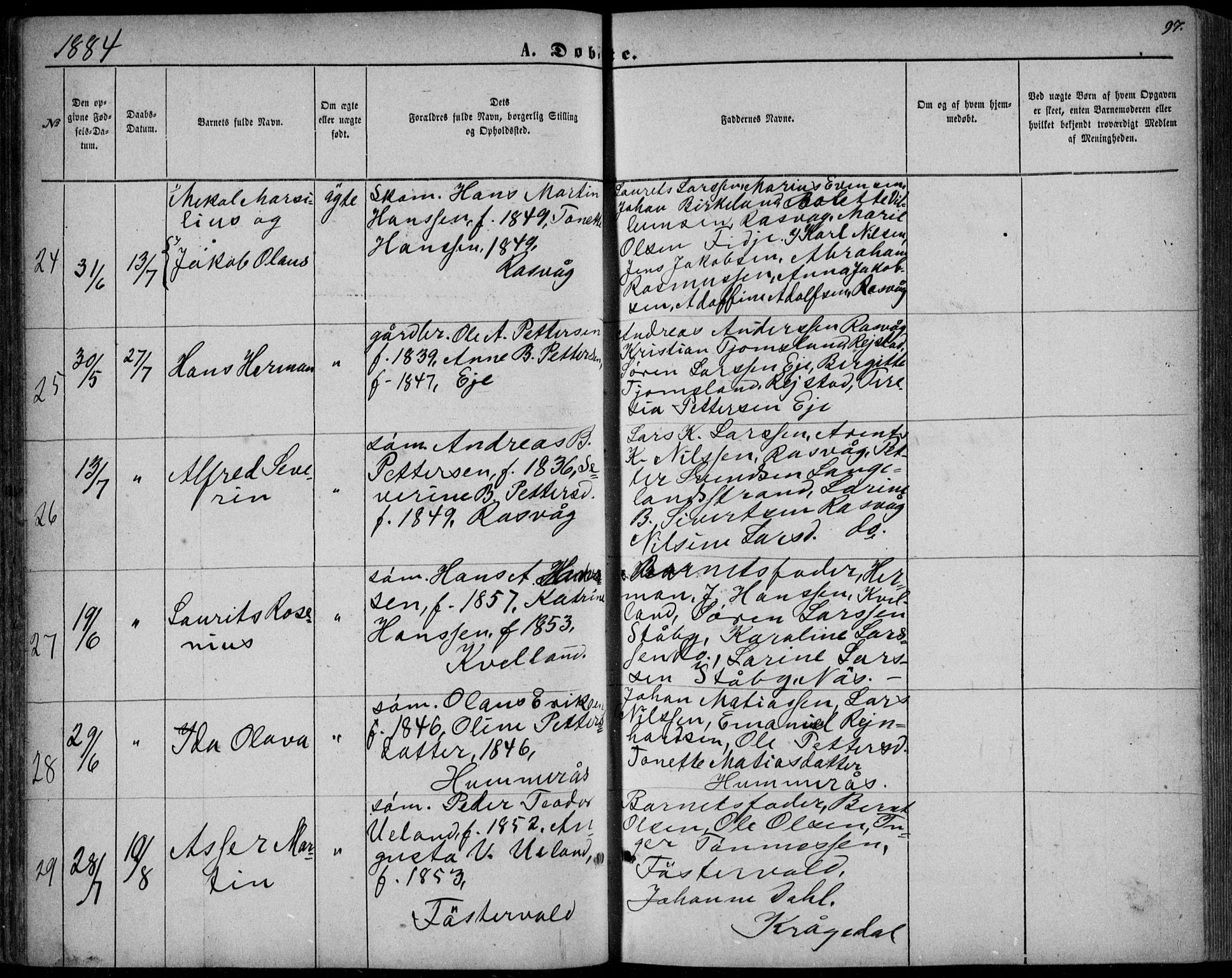 Flekkefjord sokneprestkontor, AV/SAK-1111-0012/F/Fb/Fbb/L0003: Klokkerbok nr. B 3, 1867-1889, s. 97