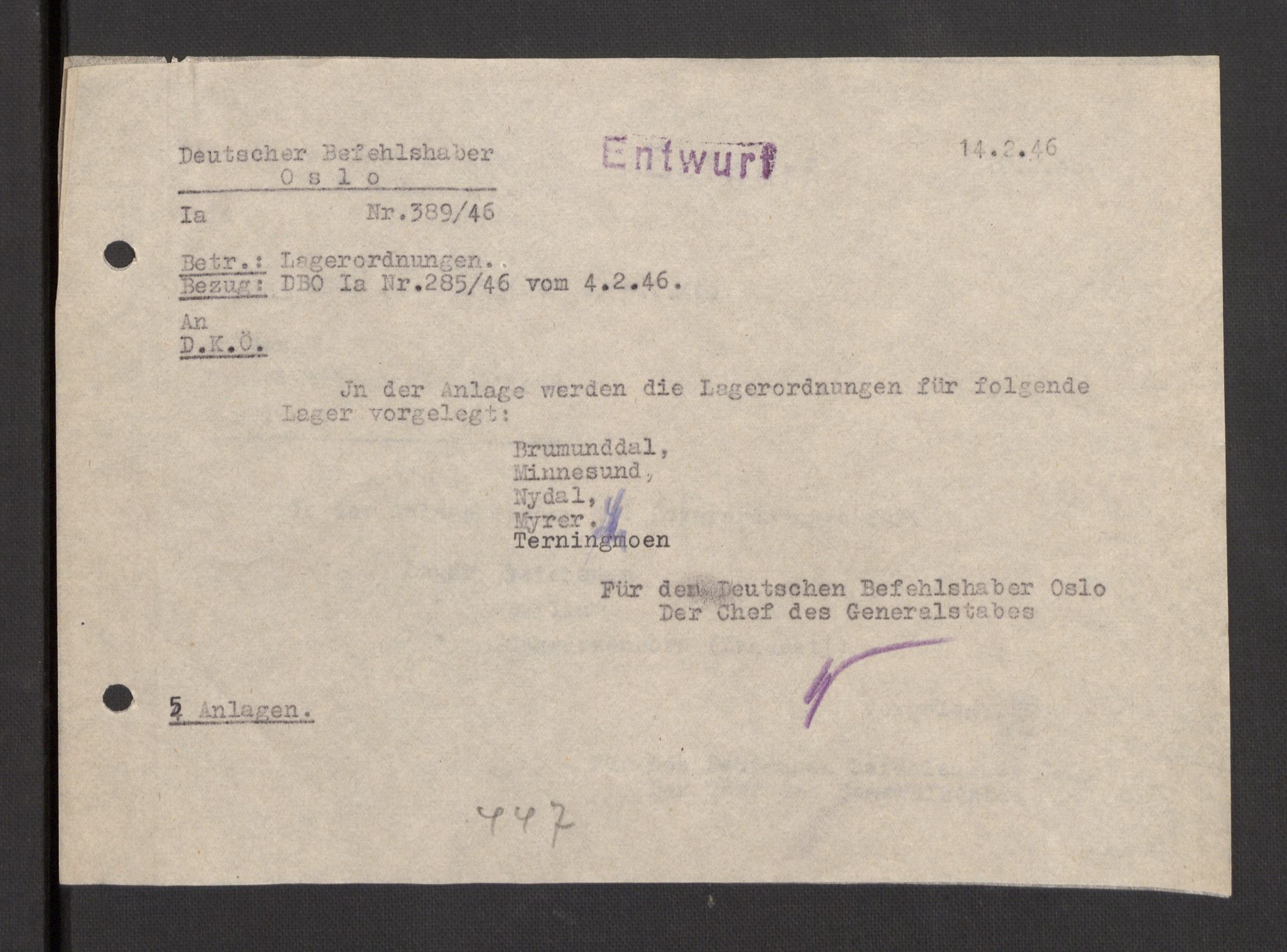 Deutscher Oberbefehlshaber Norwegen (DOBN), AV/RA-RAFA-2197/D/Dja/L0070/0001: DBO Abt. 1a / Lagerordnungen, 1946