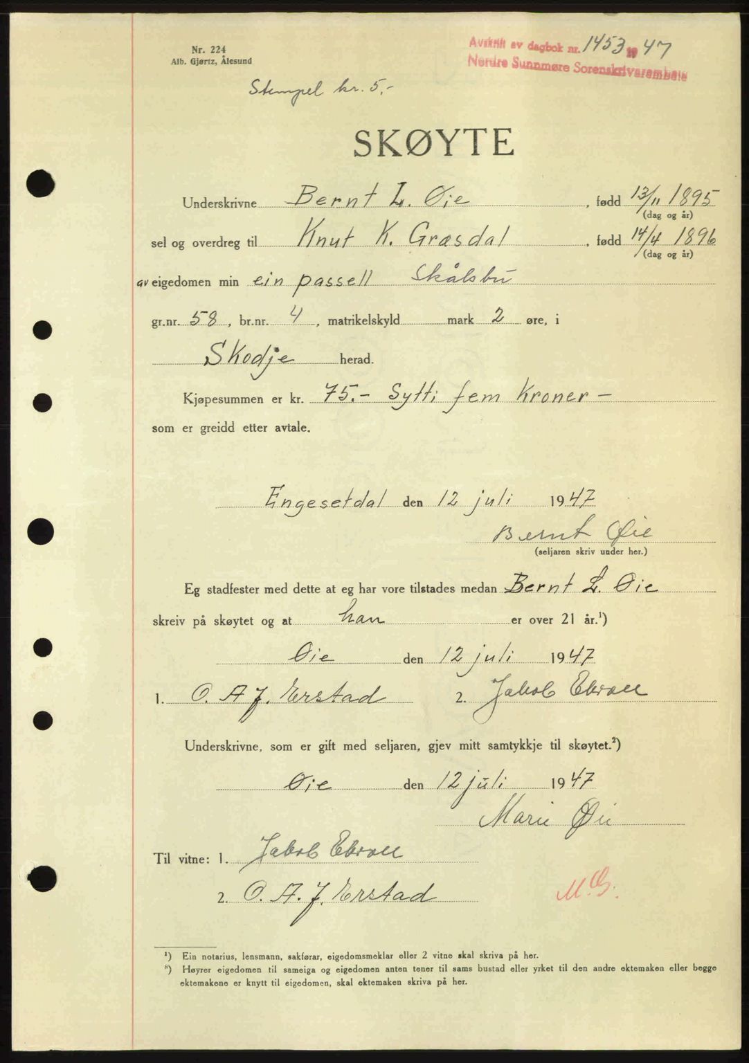 Nordre Sunnmøre sorenskriveri, AV/SAT-A-0006/1/2/2C/2Ca: Pantebok nr. A25, 1947-1947, Dagboknr: 1453/1947