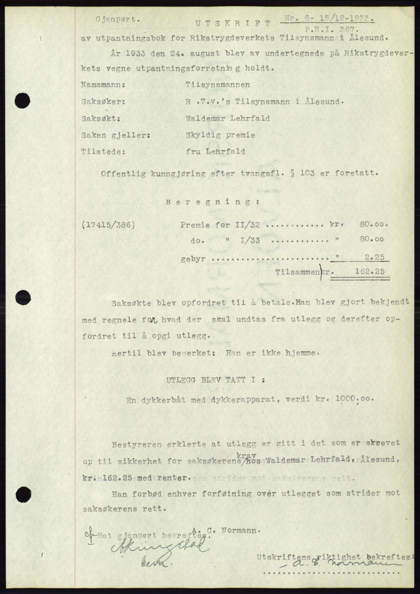 Ålesund byfogd, AV/SAT-A-4384: Pantebok nr. 31, 1933-1934, Tingl.dato: 15.12.1933