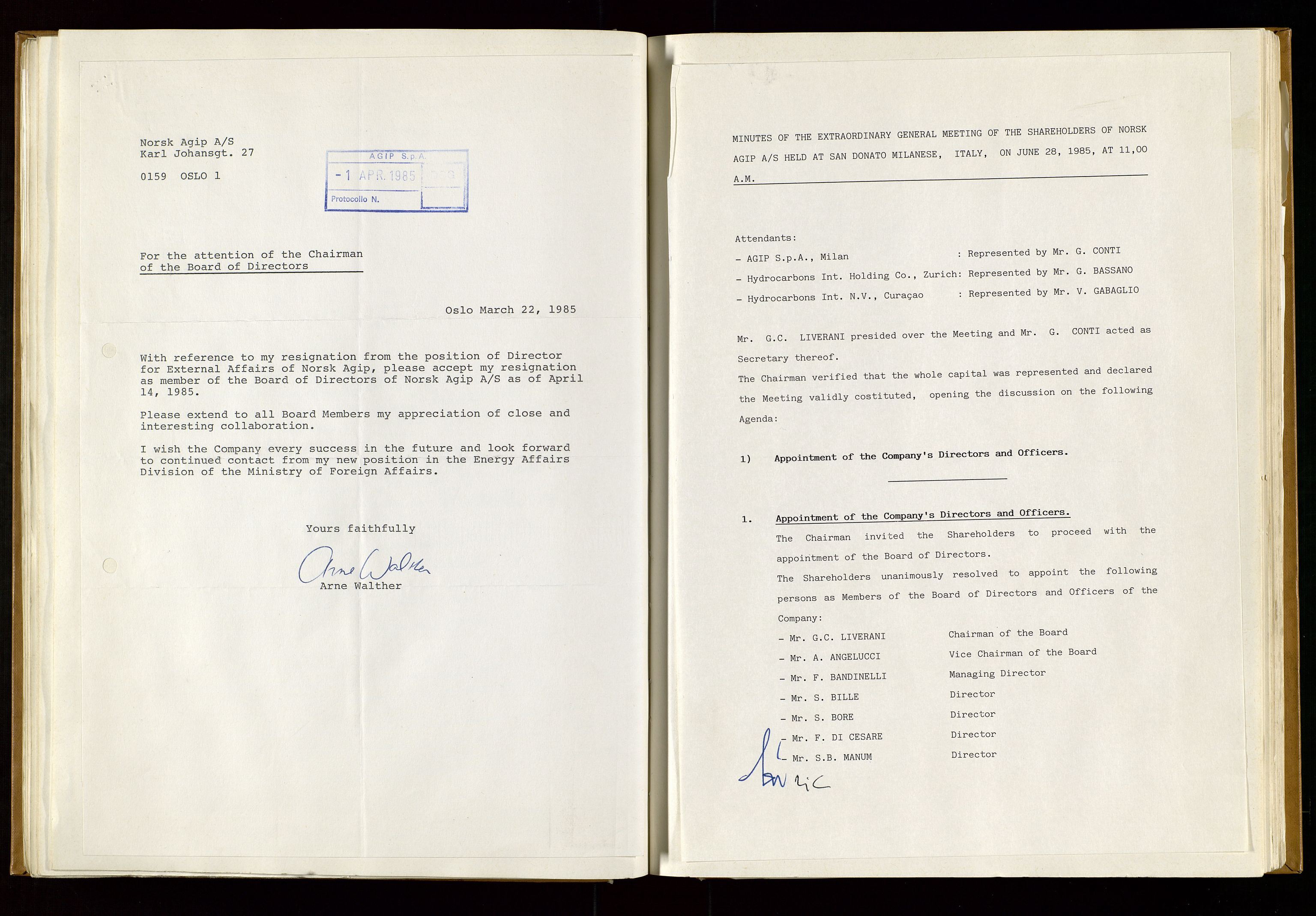 Pa 1583 - Norsk Agip AS, SAST/A-102138/A/Aa/L0001: General assembly and Board of Directors meeting minutes, 1965-1990