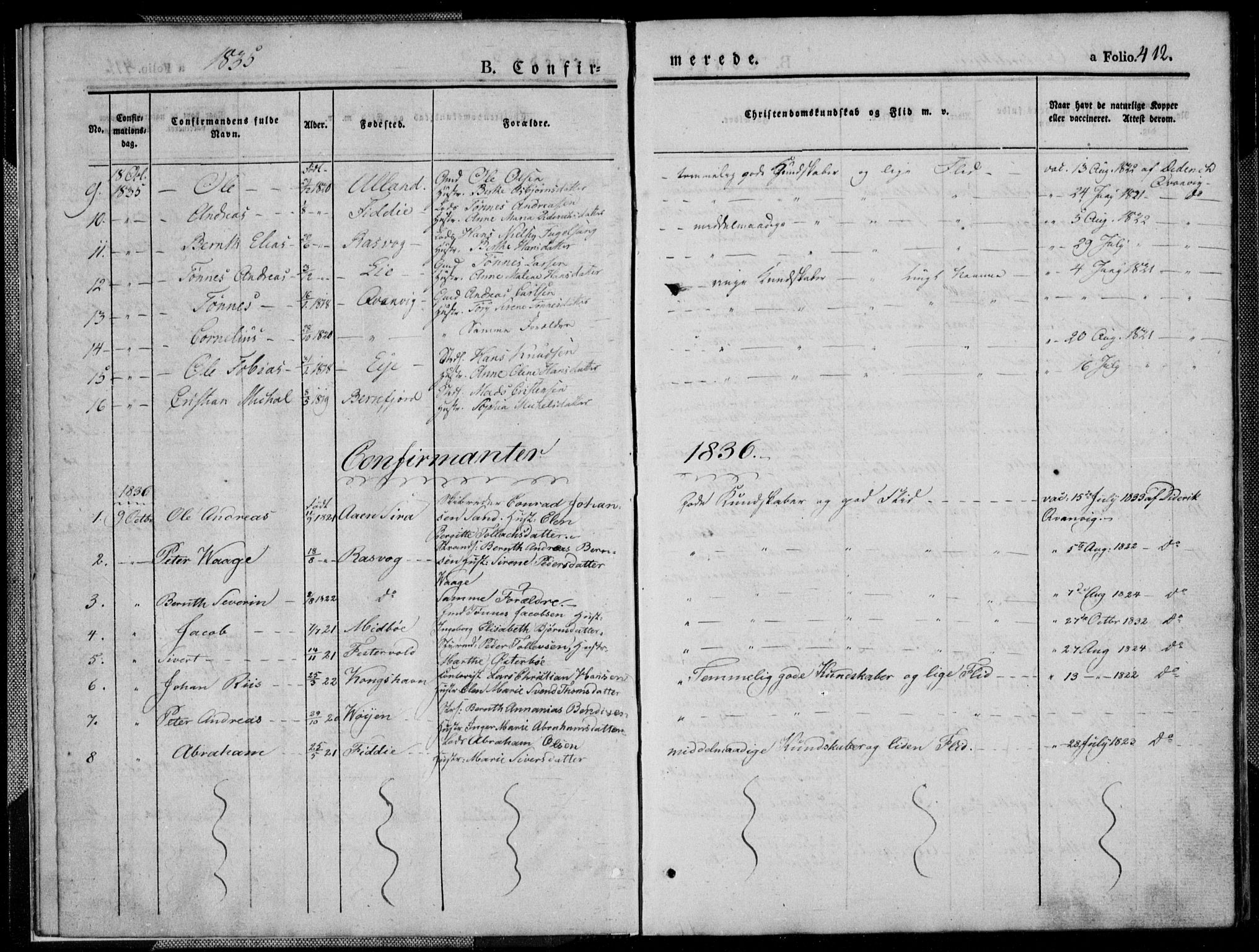 Flekkefjord sokneprestkontor, AV/SAK-1111-0012/F/Fb/Fbb/L0002: Klokkerbok nr. B 2b, 1831-1866, s. 412