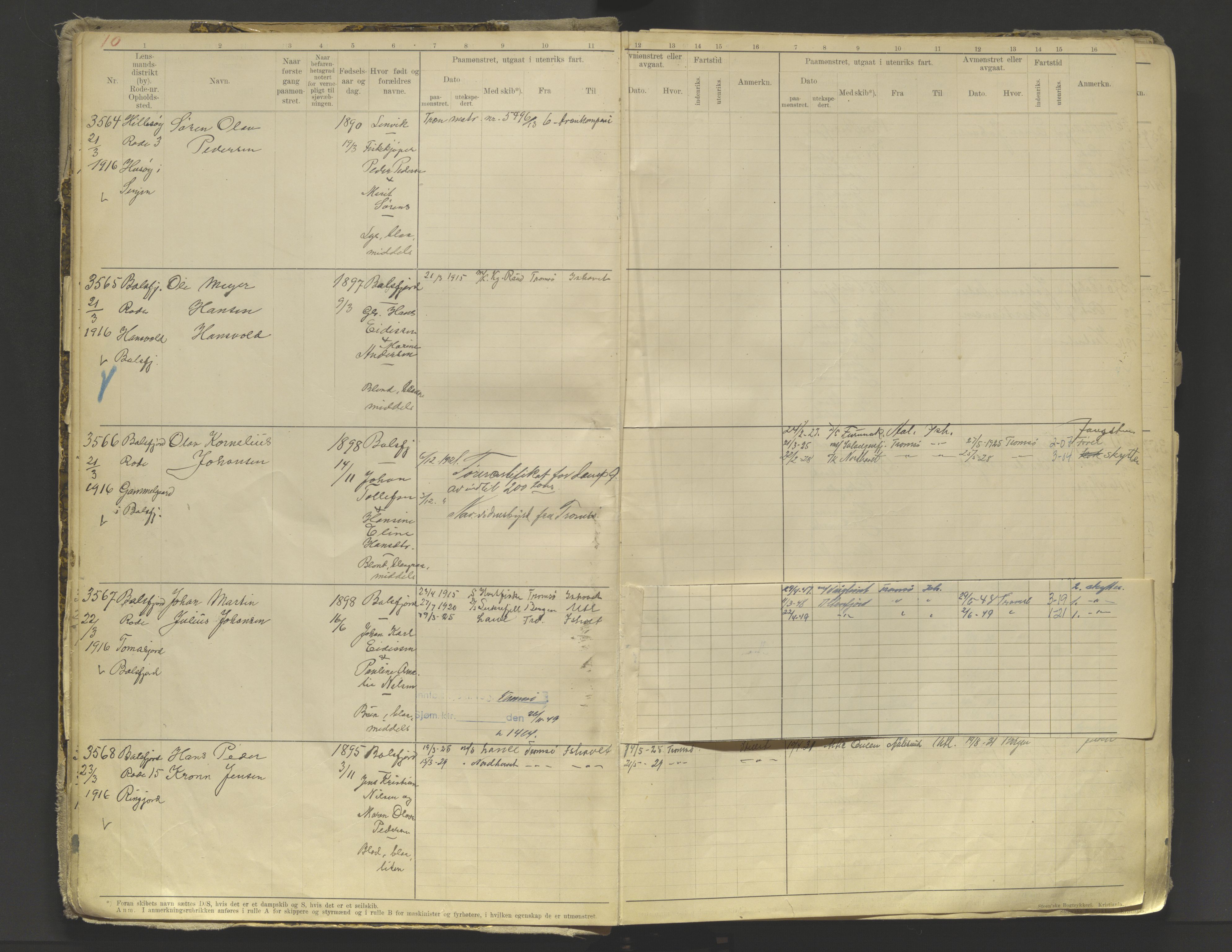 Tromsø sjømannskontor/innrullerings-/mønstringsdistrikt, AV/SATØ-S-0243/F/Fb/L0010: Annotasjonsrulle. Defekt: løs innbinding. Nr. 3519-4972, 1916-1920