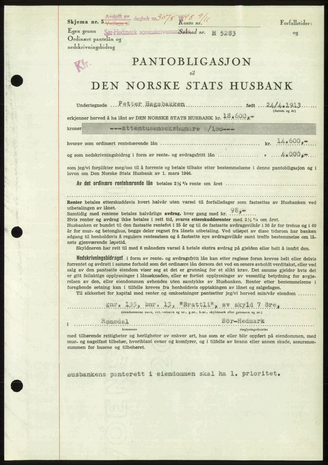 Sør-Hedmark sorenskriveri, SAH/TING-014/H/Hb/Hbd/L0018: Pantebok nr. 18, 1948-1949, Dagboknr: 3078/1948