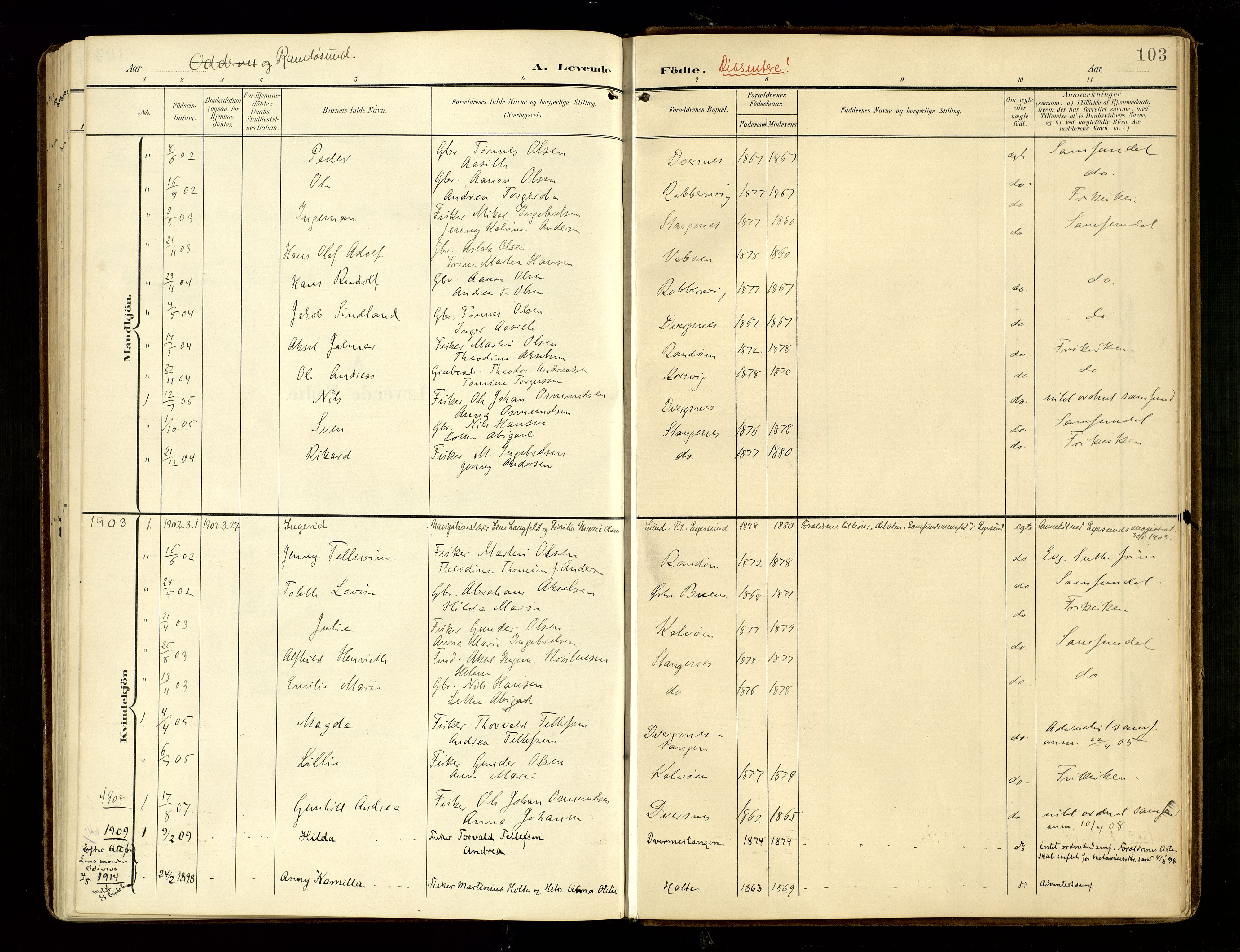 Oddernes sokneprestkontor, AV/SAK-1111-0033/F/Fa/Fab/L0003: Ministerialbok nr. A 3, 1903-1916, s. 103