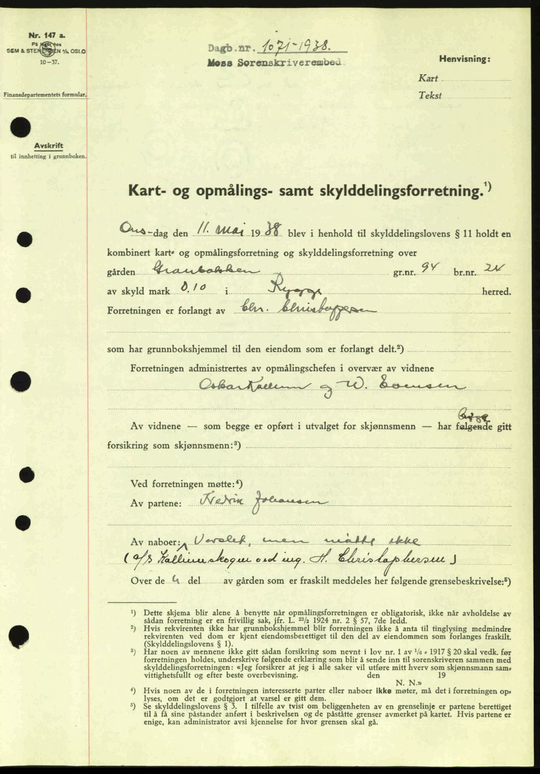 Moss sorenskriveri, SAO/A-10168: Pantebok nr. A4, 1938-1938, Dagboknr: 1071/1938