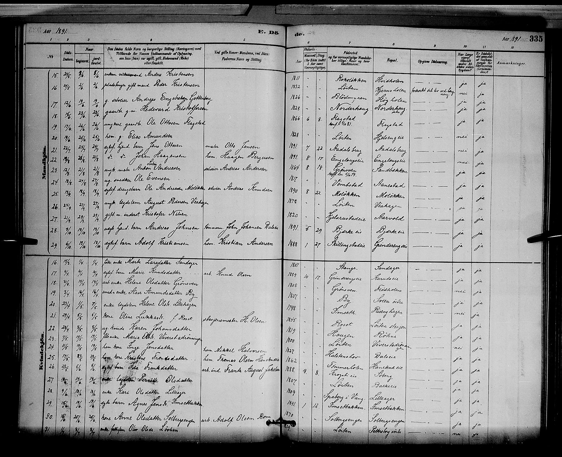 Løten prestekontor, AV/SAH-PREST-022/L/La/L0005: Klokkerbok nr. 5, 1878-1891, s. 335