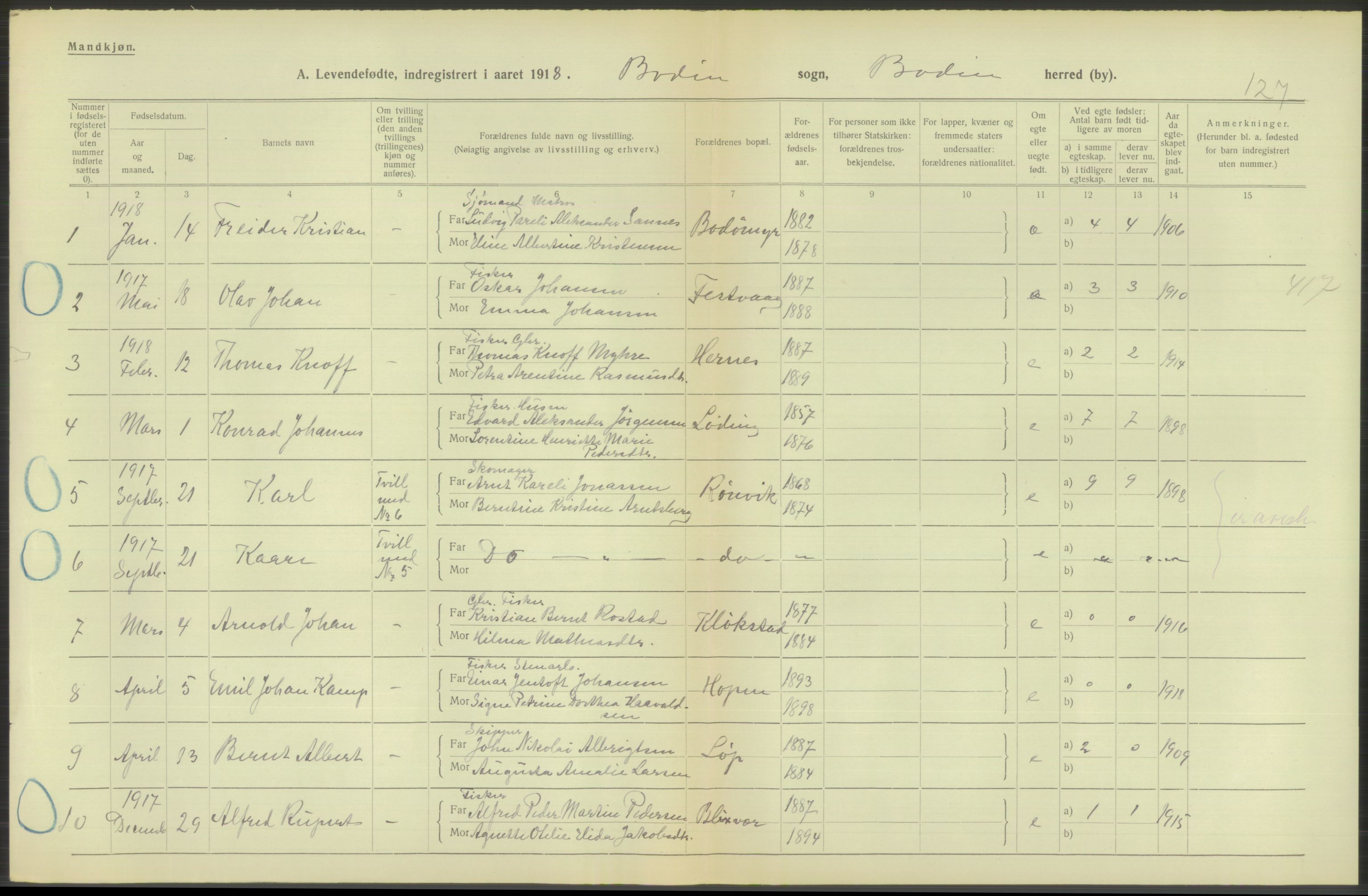 Statistisk sentralbyrå, Sosiodemografiske emner, Befolkning, AV/RA-S-2228/D/Df/Dfb/Dfbh/L0052: Nordland fylke: Levendefødte menn og kvinner. Bygder., 1918, s. 530