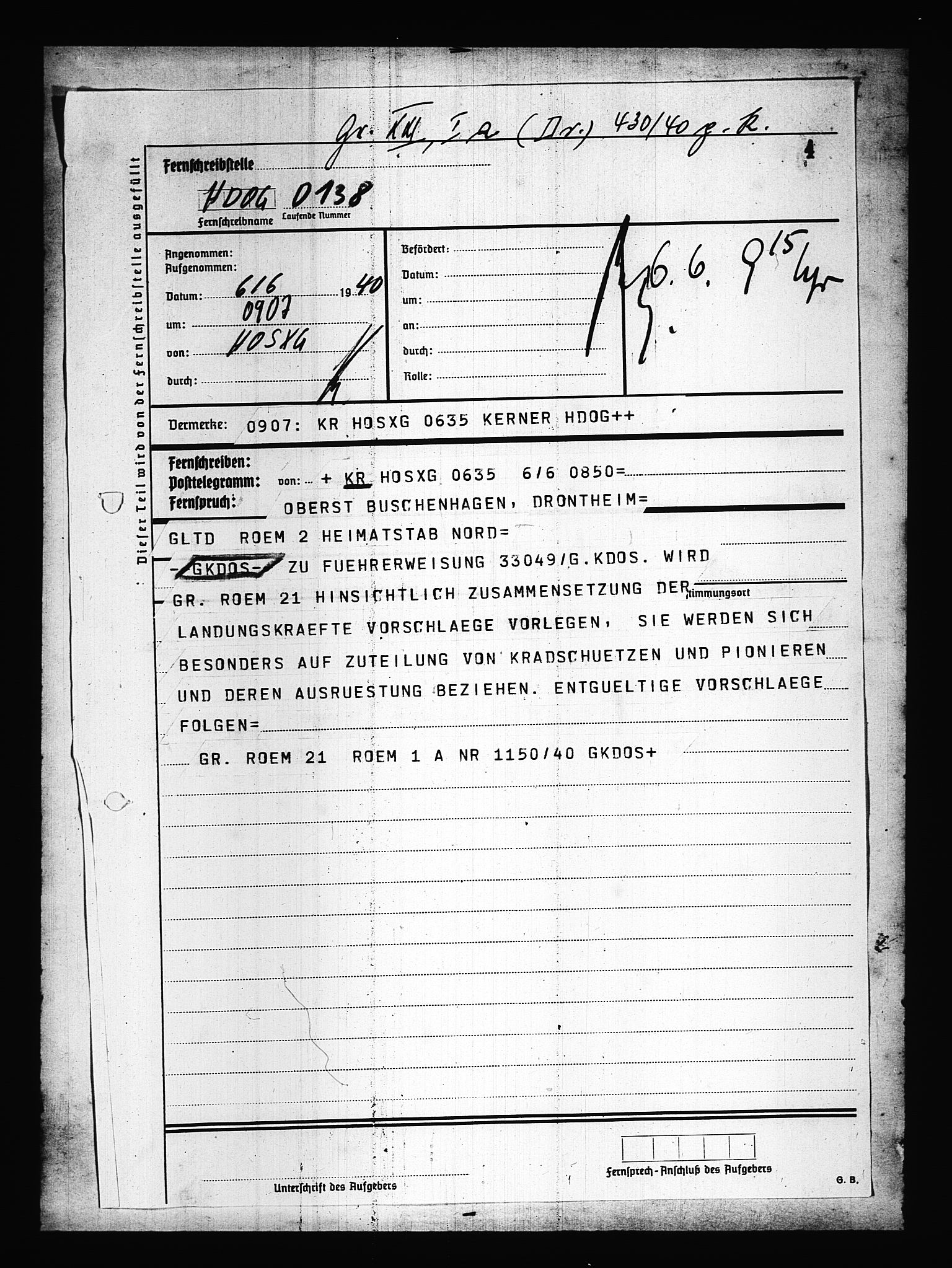 Documents Section, AV/RA-RAFA-2200/V/L0084: Amerikansk mikrofilm "Captured German Documents".
Box No. 723.  FKA jnr. 615/1954., 1940, s. 117