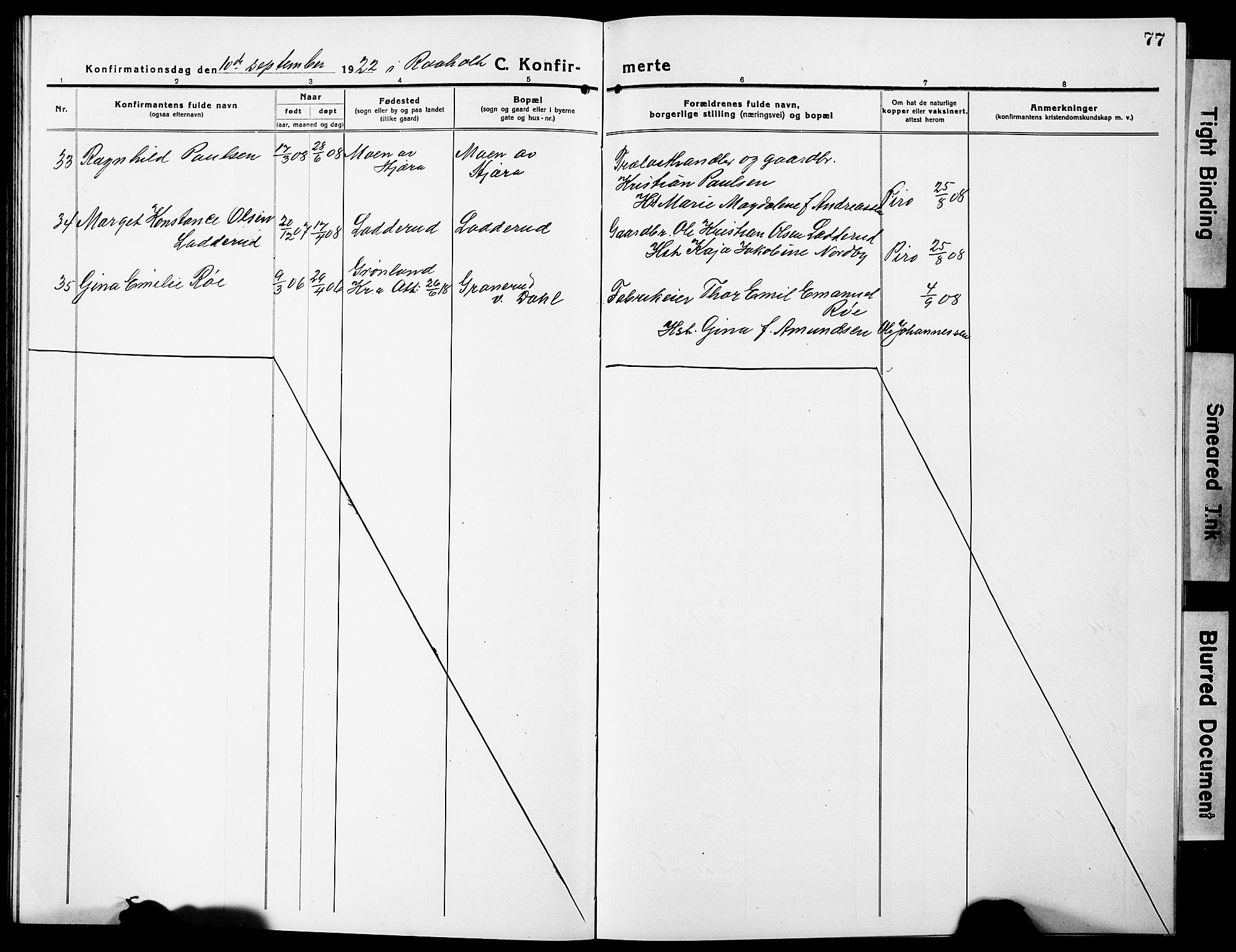 Eidsvoll prestekontor Kirkebøker, AV/SAO-A-10888/G/Ga/L0009: Klokkerbok nr. I 9, 1914-1927, s. 77