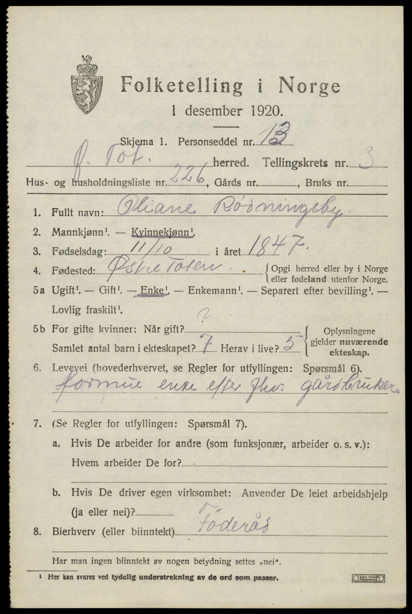 SAH, Folketelling 1920 for 0528 Østre Toten herred, 1920, s. 8522