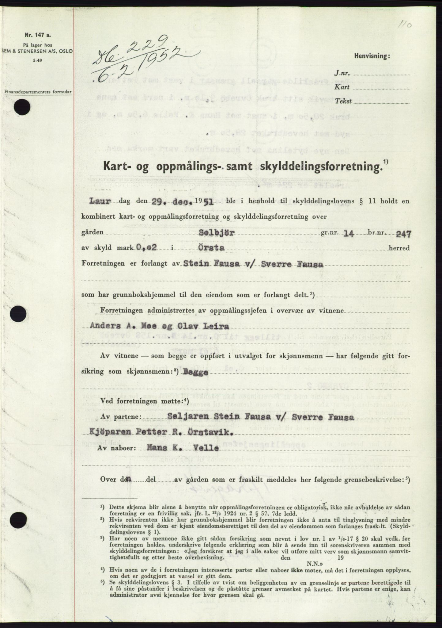 Søre Sunnmøre sorenskriveri, SAT/A-4122/1/2/2C/L0091: Pantebok nr. 17A, 1951-1952, Dagboknr: 229/1952