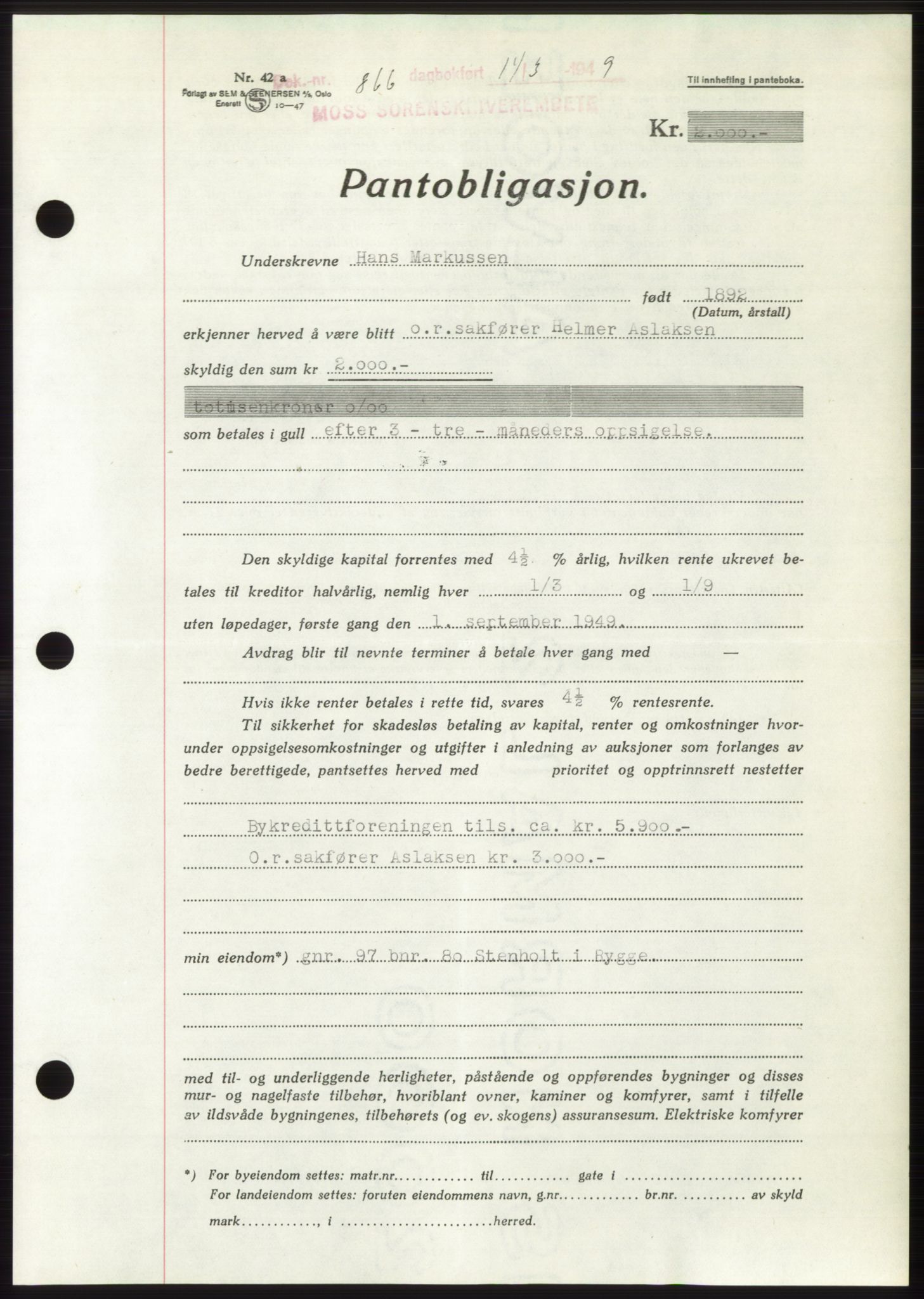 Moss sorenskriveri, SAO/A-10168: Pantebok nr. B21, 1949-1949, Dagboknr: 866/1949